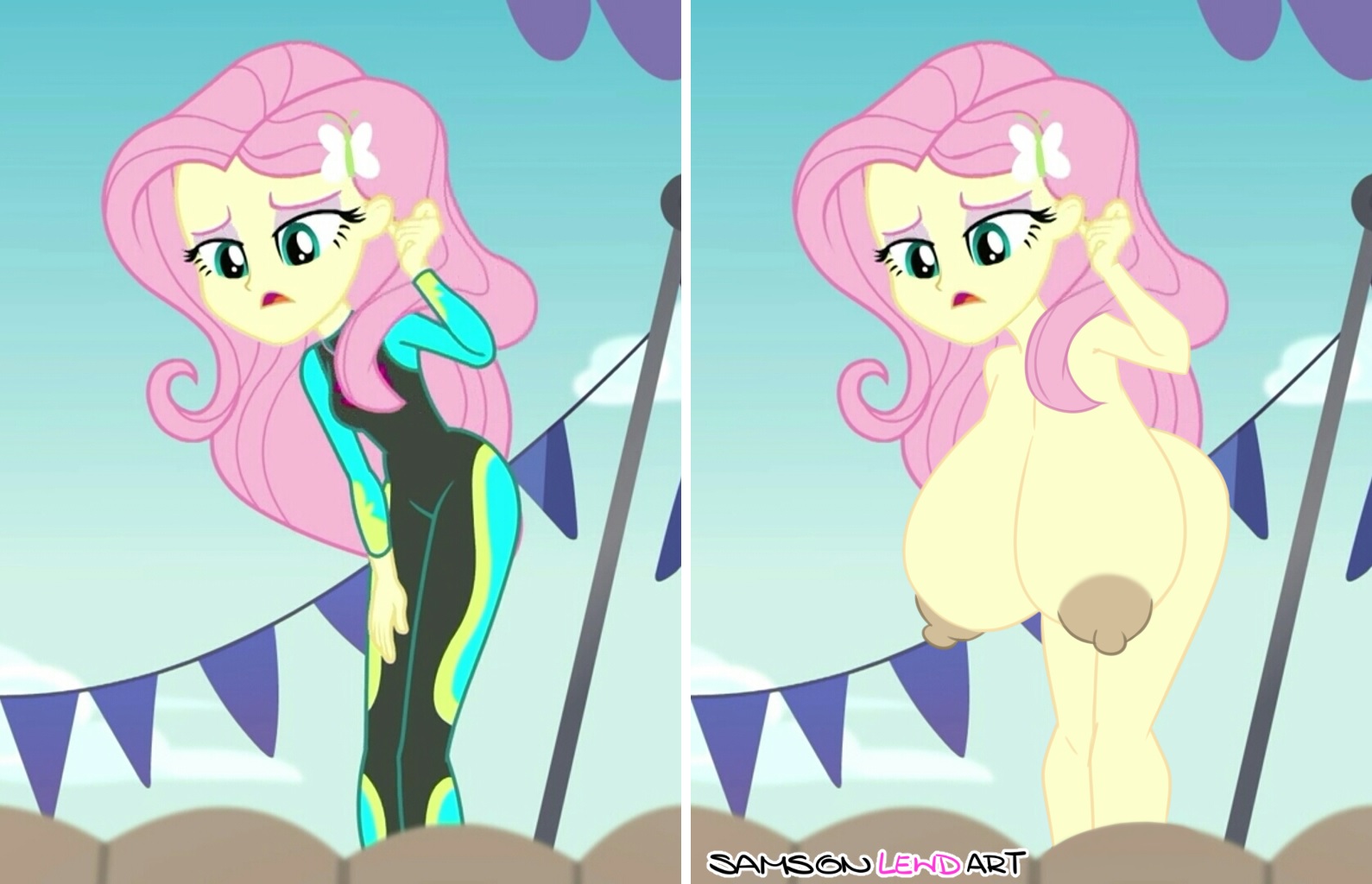 1girls, accurate art style, alternate breast size, areolae, artist name, ass, beach, big ass, big breasts, big butt, big hips, big nipples, big thighs, breasts, cleavage, equestria girls, female, female focus, female only, fluttershy (eg), fluttershy (mlp), friendship is magic, furry, gigantic ass, gigantic breasts, gigantic butt, gigantic nipples, hair on head, hasbro, hourglass figure, huge ass, huge breasts, huge butt, huge hips, huge thighs, large ass, large breasts, large butt, my little pony, samson 00, screencap, screenshot, screenshot edit, swimsuit, wide hips