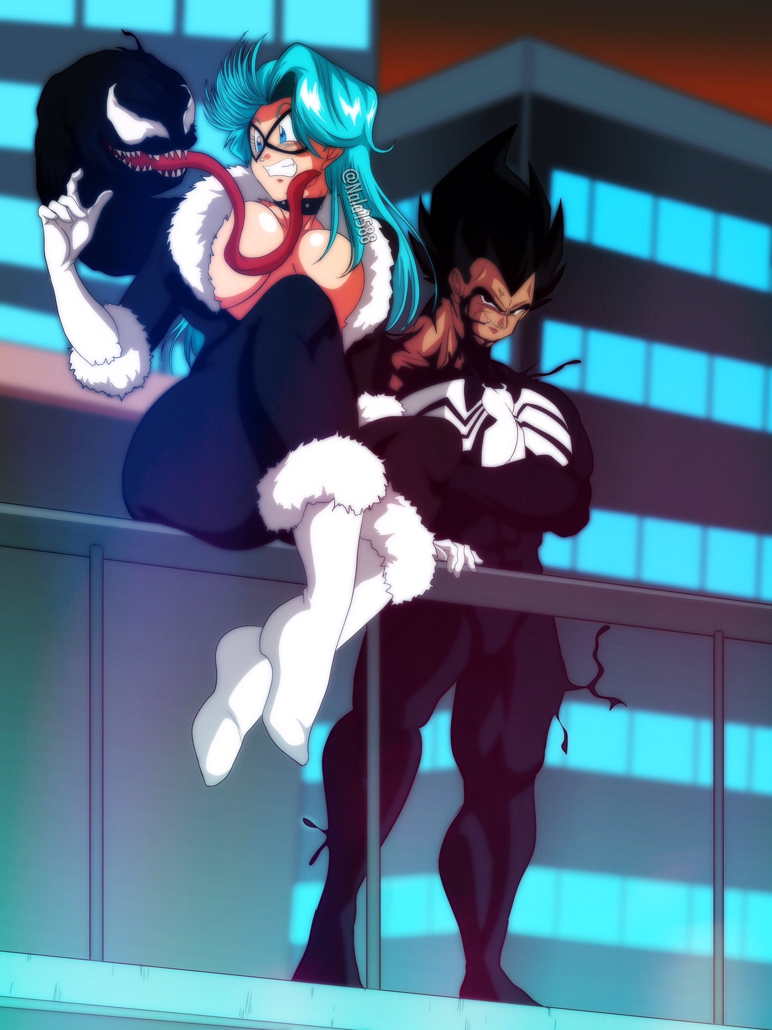 1boy, 1girls, big breasts, black cat (cosplay), black hair, blue hair, breasts, bulma briefs, bulma briefs (post saiyan saga), costume, dragon ball, dragon ball z, female, hi res, light blue hair, long hair, long tongue, male, marvel, marvel comics, nala1588, outdoors, shounen jump, smile, straight hair, symbiote, vegeta, venom (marvel)