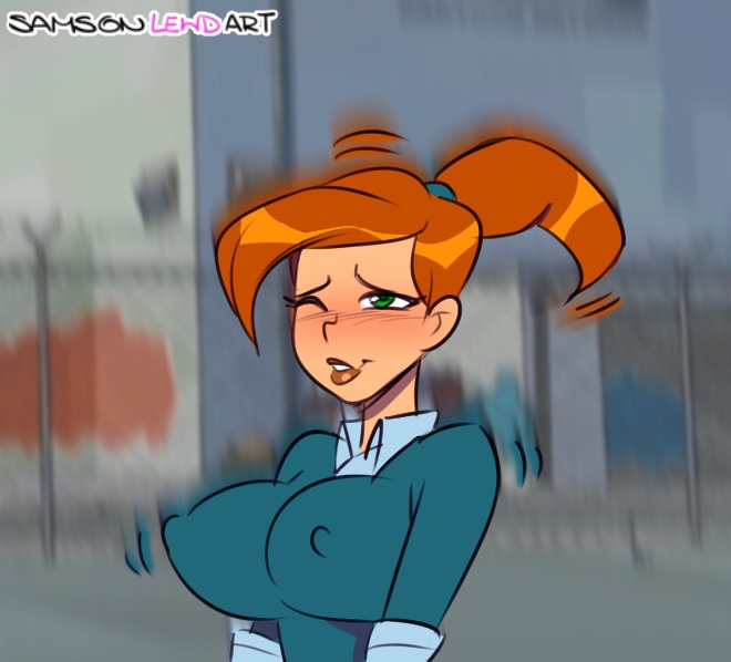 1girls, 2020, artist name, ben 10, ben 10 alien force, big breasts, blush, breasts, cartoon network, female, female focus, female only, fully clothed, green eyes, gwen tennyson, gwen tennyson (alien force), huge breasts, huge thighs, large breasts, long hair, nipple bulge, orange hair, ponytail, redhead, samson 00, solo