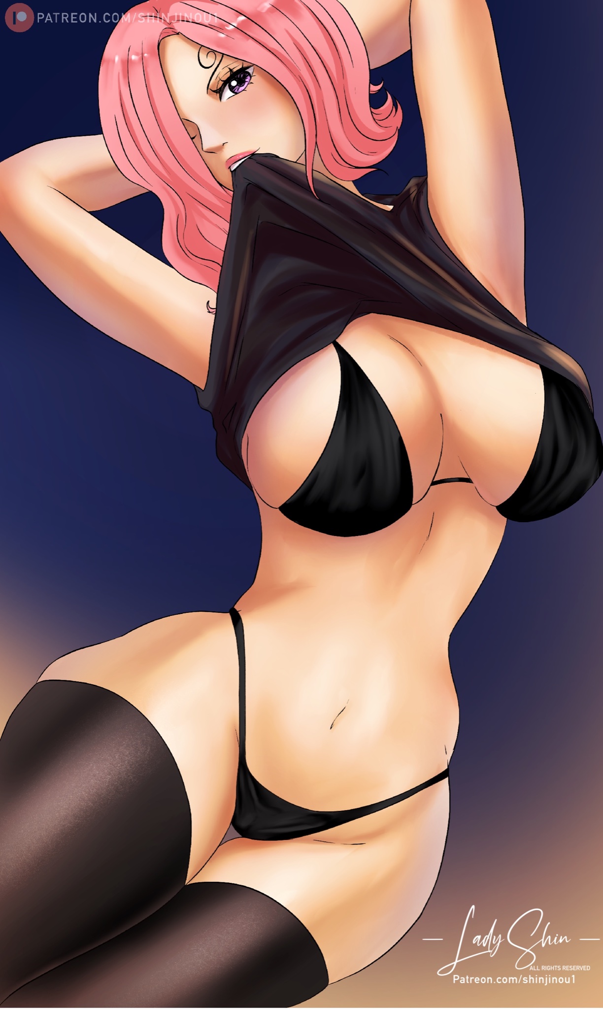 1girls, arms above head, arms up, big breasts, biting shirt, black shirt, black underwear, bra, breasts, cleavage, curvy, female, female only, navel, one piece, panties, pink hair, pink-haired female, posing, shinjinou, shirt, shirt lift, short hair, sideboob, slim waist, solo, stockings, thick thighs, thong, underwear, vinsmoke reiju, voluptuous