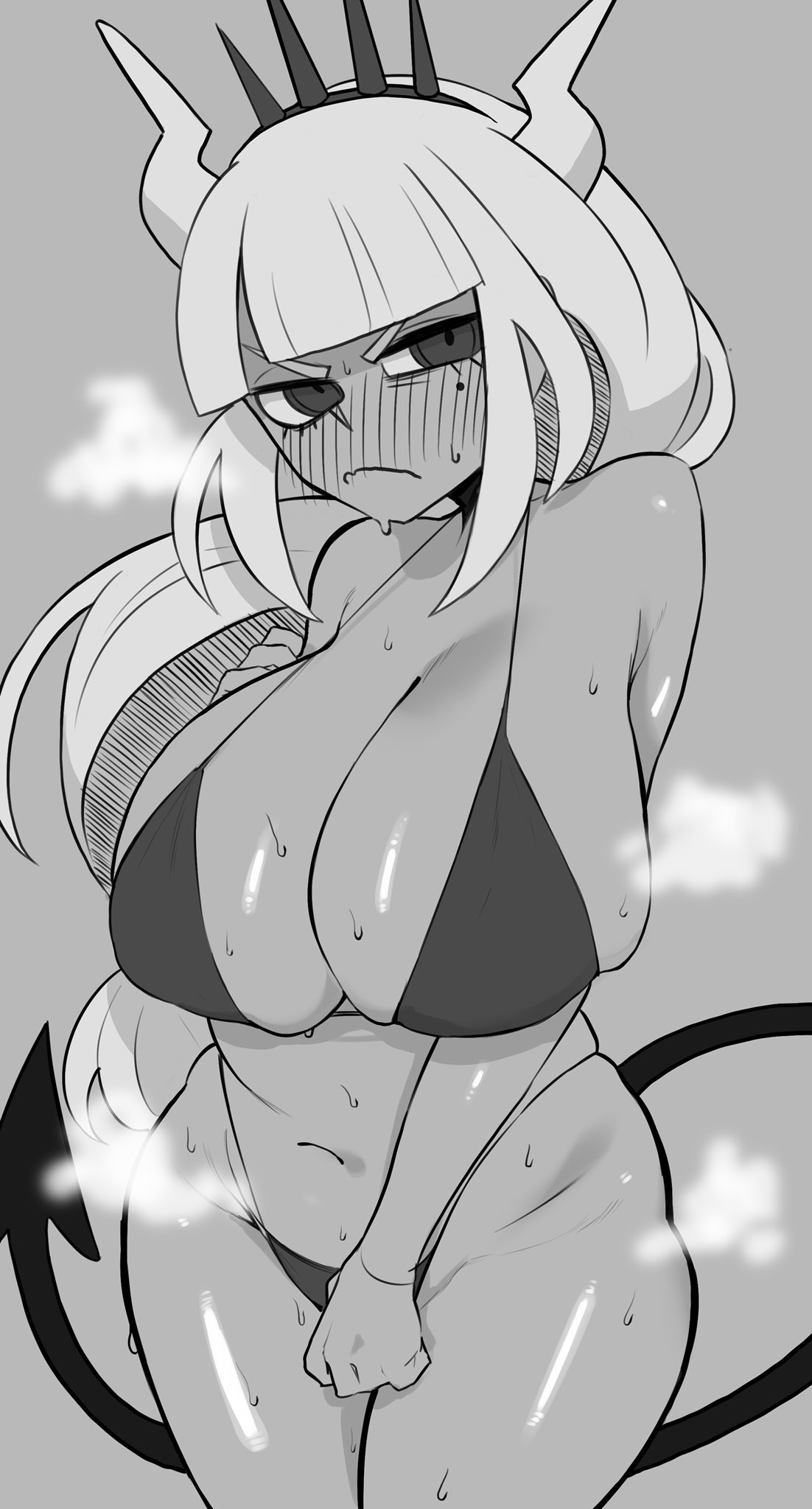 1girls, bikini, blush, breasts, caaaaaaaaevery, covering crotch, demon, demon girl, demon horns, demon tail, embarrassed, female, frown, greyscale, helltaker, horns, large breasts, lucifer (helltaker), monochrome, skimpy, solo, string bikini, tail, thick thighs, wide hips