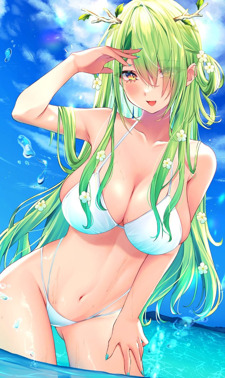 big breasts, bikini, breasts, busty, ceres fauna, cleavage, female, female only, green hair, hololive, hololive english, hololive english -council-, hololive english -promise-, large breasts, solo female, sosuke (yrmon), virtual youtuber