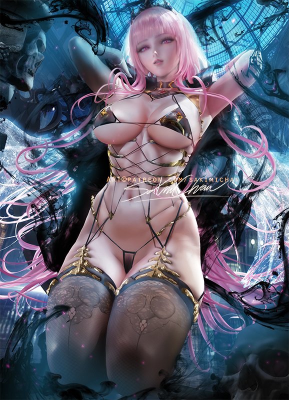 1girls, 2022, alternate version available, armpits, arms behind head, arms up, artist signature, breasts, cleavage, female, female only, hips, hololive, hololive english, hololive myth, huge breasts, kneeling, long hair, mori calliope, pink eyes, pink hair, sakimichan, slim waist, thick thighs, thighhighs, thighs, virtual youtuber, watermark, wide hips