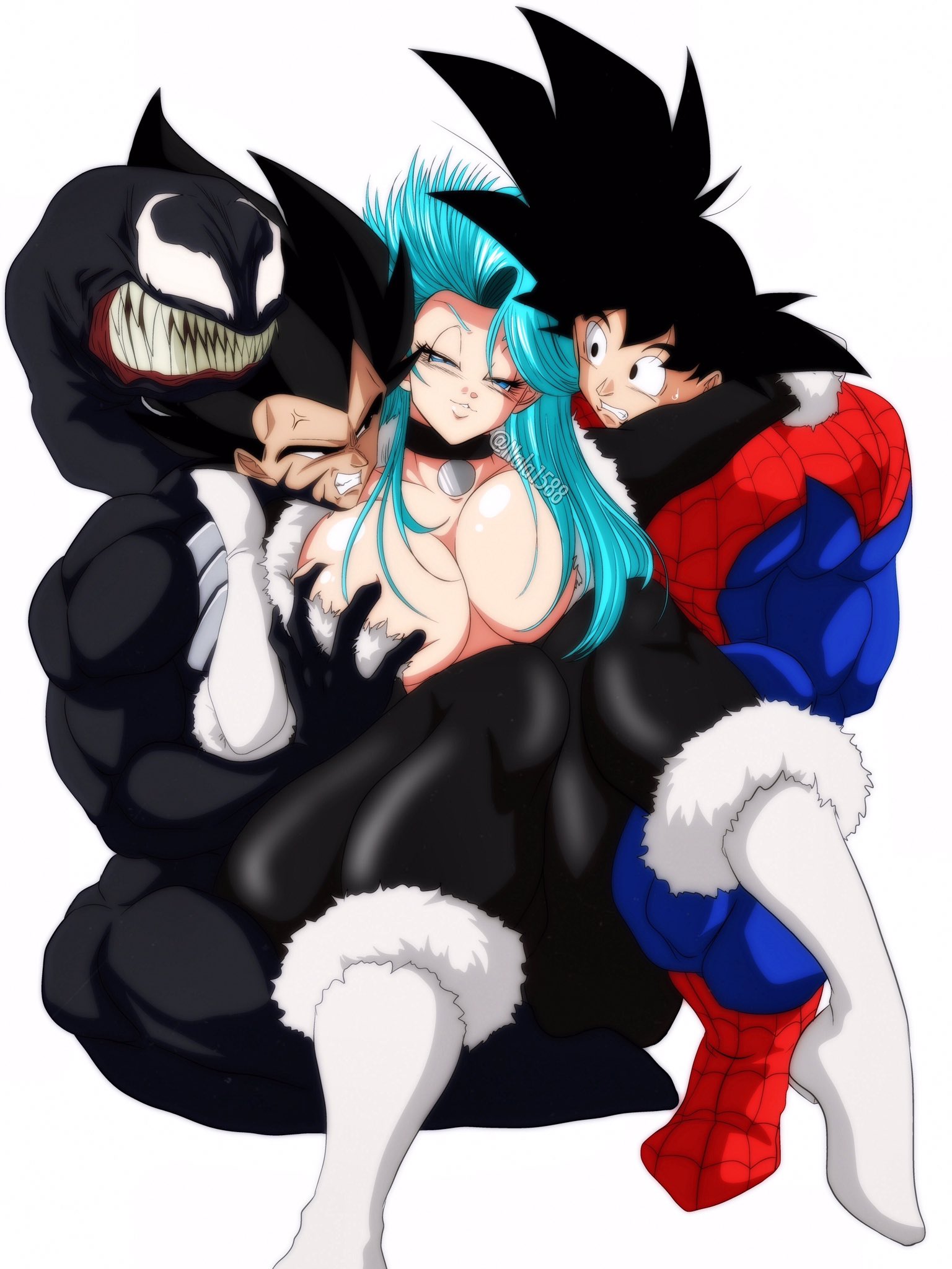 1girls, 2boys, anger vein, angry, angry face, big breasts, black cat (cosplay), black hair, blue hair, breast grab, breasts, bulma briefs, bulma briefs (post saiyan saga), collar, dragon ball, dragon ball z, eyes mostly closed, female, hi res, light blue hair, long hair, looking at viewer, male, marvel, marvel comics, muscular, muscular male, nala1588, sharp teeth, shounen jump, sitting, son goku, spider-man (cosplay), symbiote, vegeta, venom, venom (marvel), voluptuous, white background