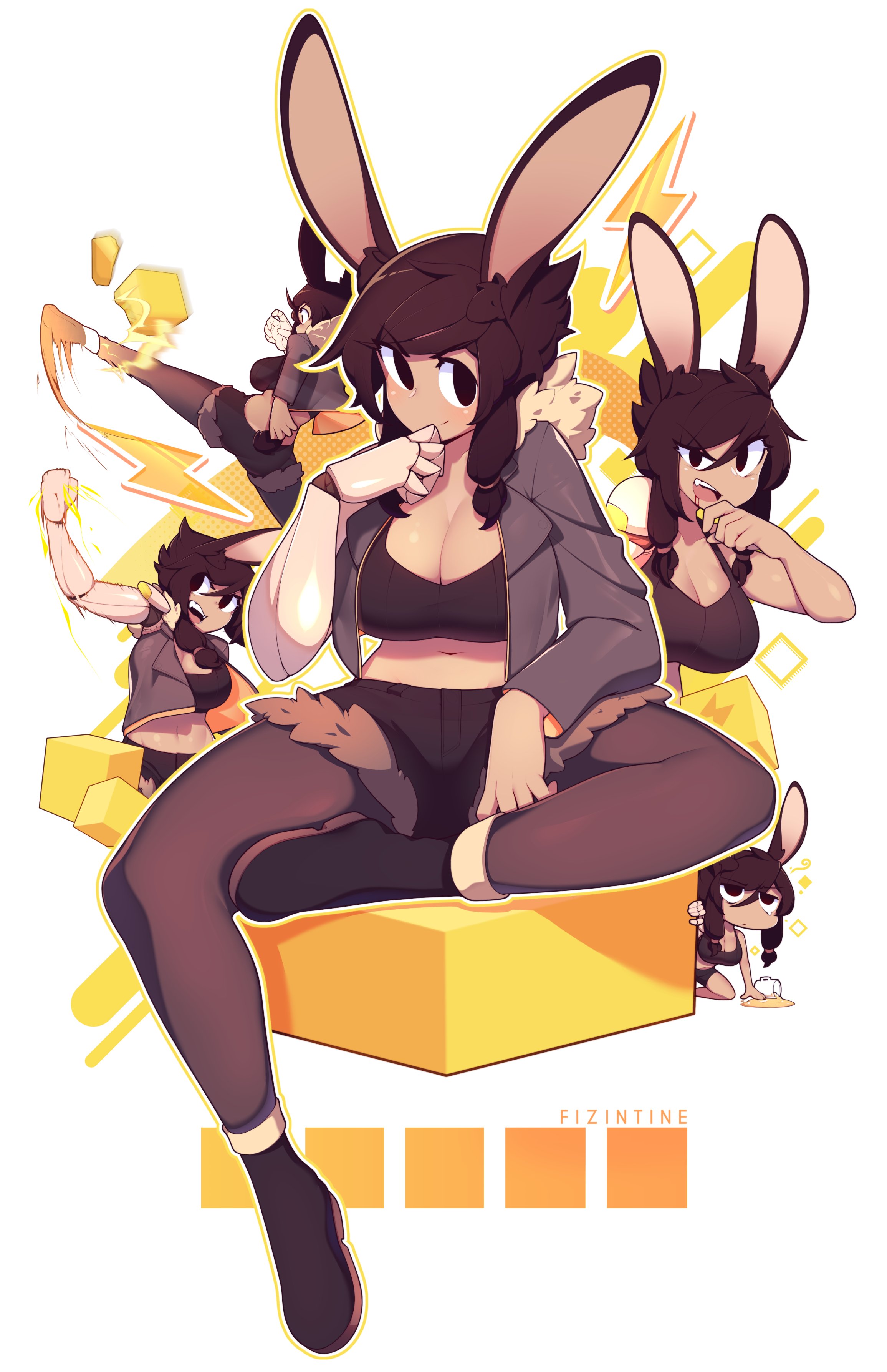 1girls, boots, breasts, brown hair, bunny ears, bunny girl, bunny tail, chibi, collage, cute fang, ear fluff, ear tuft, emi (fizintine), fang, female, fizintine, fur trim, kick, martial arts, midriff, midriff baring shirt, pantyhose, ponytail, robotic arm, short hair, shorts, simple background, strong, tagme, tall female, thighs, tights, wholesome