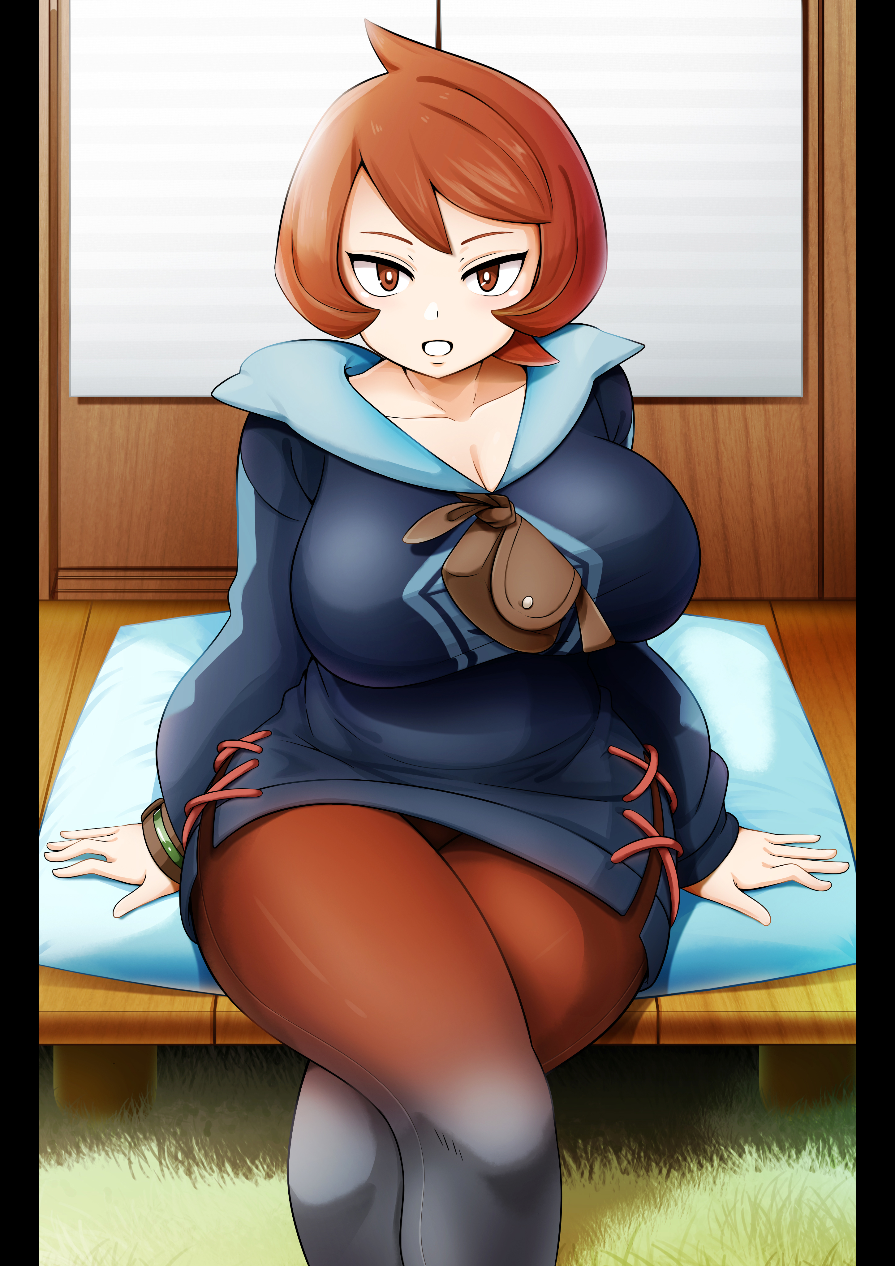 1girls, alternate breast size, arezu (pokemon), big breasts, breasts, cleavage, curtains, curvaceous, curvy, curvy body, curvy female, female, female focus, huge breasts, large breasts, looking at viewer, mtd (matidappp), pokemon, pokemon legends: arceus, red hair, short hair, smile, smiling, smiling at viewer, voluptuous