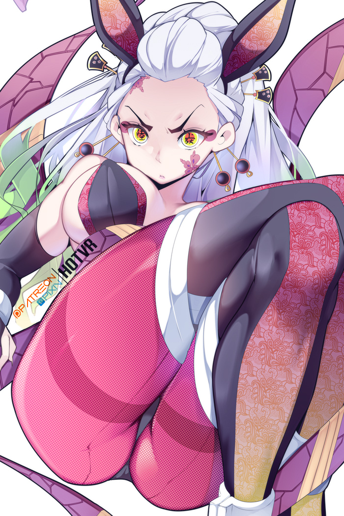 1girls, animal ears, armwear, ass, big breasts, breasts, daki (kimetsu no yaiba), demon, demon girl, demon slayer, facial markings, fake tail, female, female focus, female only, hotvr, kimetsu no yaiba, leotard, long hair, solo, thick thighs, white hair, white-haired female