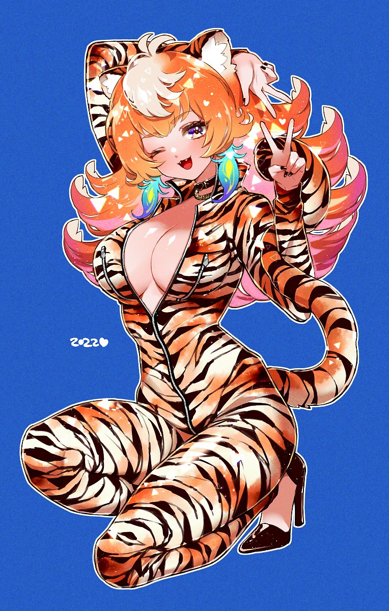 busty choker cleavage feather_earrings high_heels hololive hololive_english hololive_myth mamaloni orange_hair peace_sign purple_eyes takanashi_kiara tiger_ears tiger_print tiger_tail tight_clothing virtual_youtuber winking