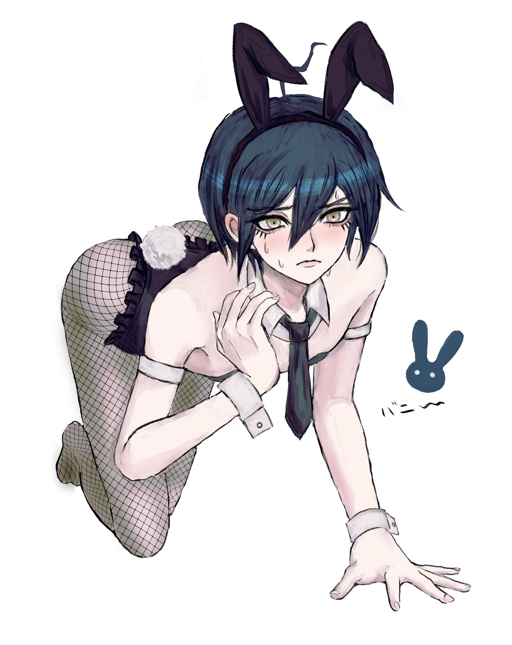 1boy, blue hair, bunny boy, bunny ears, bunny tail, bunnysuit, collar, crossdressing, cuffs, danganronpa, danganronpa v3, detached collar, effeminate, embarrassed, eyelashes, femboy, feminine male, fishnets, girly, hair between eyes, makeup, male, male focus, male only, pale skin, saihara shuuichi, short hair, sissy, solo, solo focus, straight hair