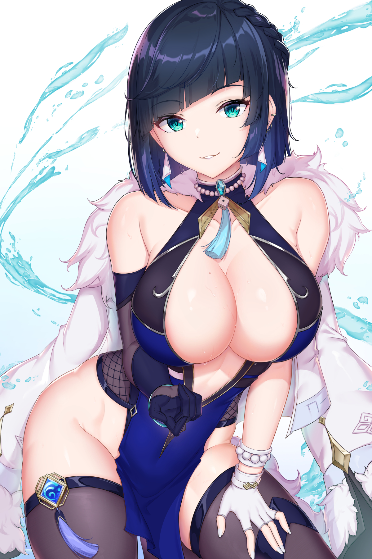 1girls, abs, absurd res, bangs, bare shoulders, big breasts, blue hair, bodysuit, boob window, braid, breasts, cleavage, coat, collarbone, detailed background, dice, earrings, elbow gloves, female, fur, genshin impact, gloves, green eyes, hand on thigh, hi res, highres, hips, huge breasts, large breasts, looking at viewer, necklace, shaggy susu, short hair, slim waist, small waist, smile, solo, sweat, tassel, thick, thick thighs, thigh highs, thighhighs, thighs, tight clothing, vision (genshin impact), waist, wet, white background, wide hips, yelan (genshin impact)