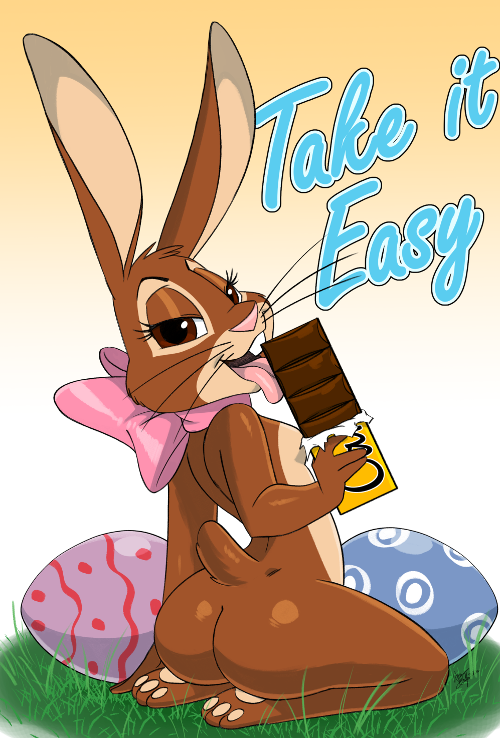 1girls aeolus06 anthro ass breasts cadbury cadbury_bunny candy_bar chocolate easter english_text female female_only fur furry furry_only looking_back pinup pinup_pose rabbit ribbon simulated_fellatio small_breasts solo suggestive_food tail text