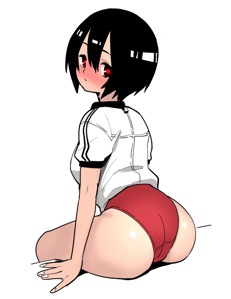 ass black_hair bloomers bubble_butt buruma clothed emotionless female gym_uniform looking_back short_hair shortstack velzhe