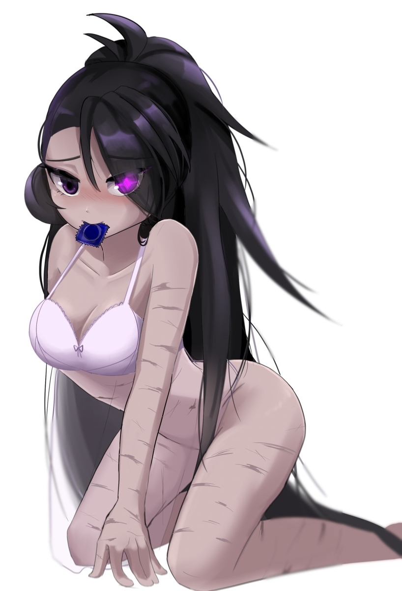 1girls, amputated arm, black hair, black raisin cookie, blush, bra, breasts, condom, condom wrapper, condom wrapper in mouth, cookie run, cookie run kingdom, female, female only, long hair, looking at viewer, missing arm, on knees, partially clothed, posing, presenting, purple eyes, scar, scars, scars all over, shy, simple background, solo, white background, whitewashed