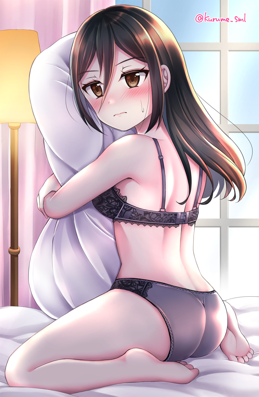 1girls ass blush brown_hair female frown hugging_pillow kurume lingerie morag_ladair_(xenoblade) nintendo panties solo sweat underwear xenoblade_(series) xenoblade_chronicles_2