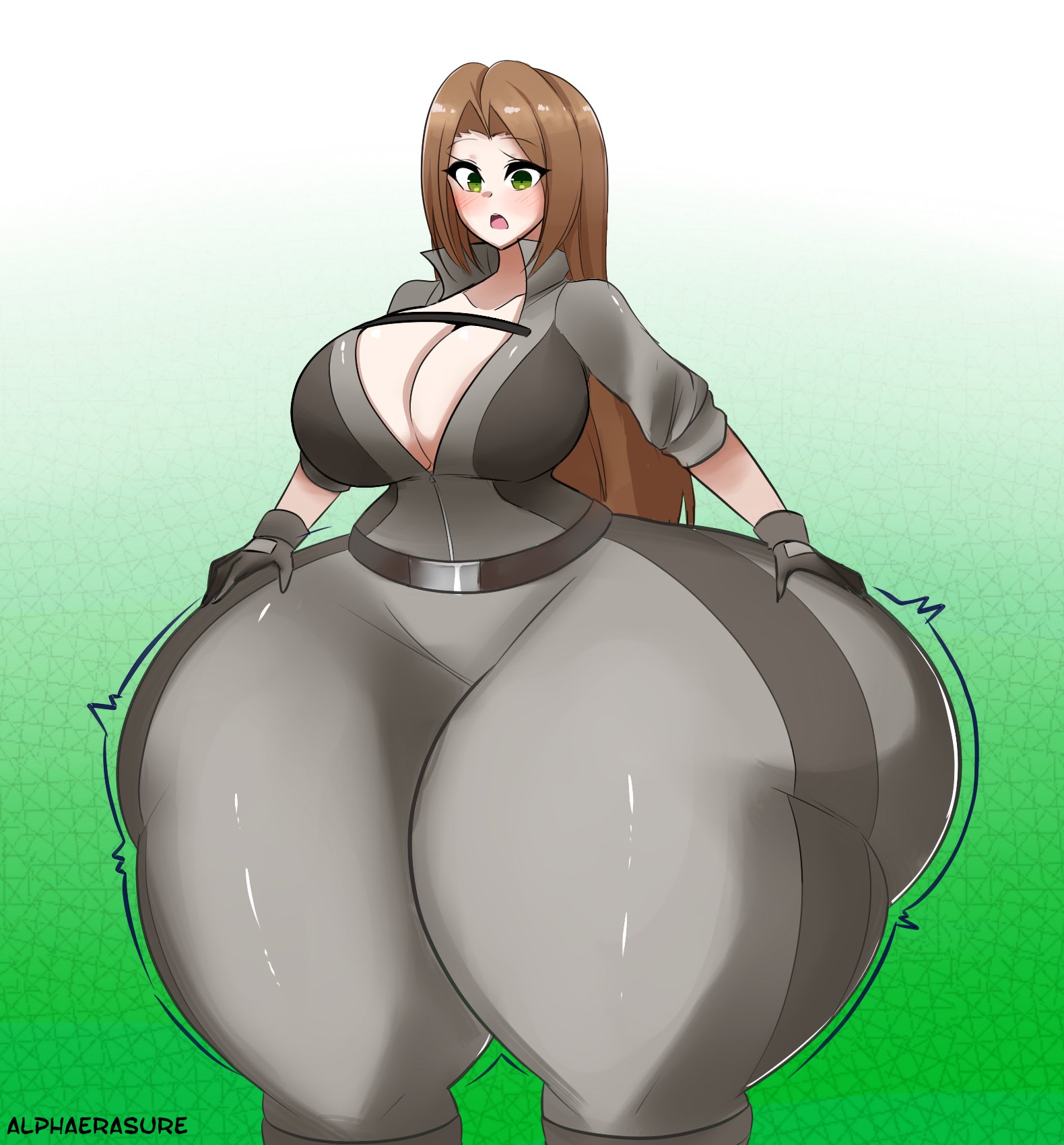 1girls, 2022, alphaerasure, ass, big breasts, bottom heavy, breasts, brown hair, cleavage, female, female focus, green eyes, hips, huge ass, huge breasts, hyper, hyper ass, hyper hips, hyper thighs, jumpsuit, karamina (demonwolf202), large breasts, long hair, solo, solo female, solo focus, thick thighs, thighs, thunder thighs, watermark, wide hips