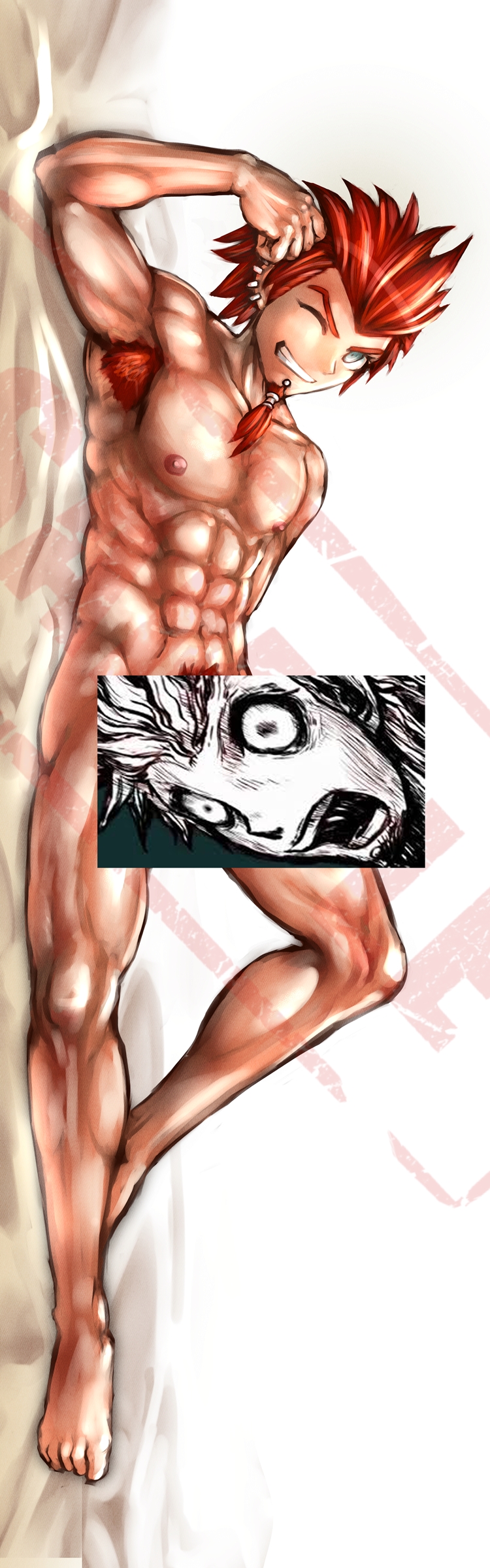 1boy abs accurate_art_style armpit_hair blue_eyes character_censor dakimakura_design danganronpa danganronpa:_trigger_happy_havoc dgrp goatee kuwata_leon looking_at_viewer male male_focus male_only muscular piercing pose pubic_hair_peek red_hair smile smiling_at_viewer smirk smooth_skin solo solo_focus wink