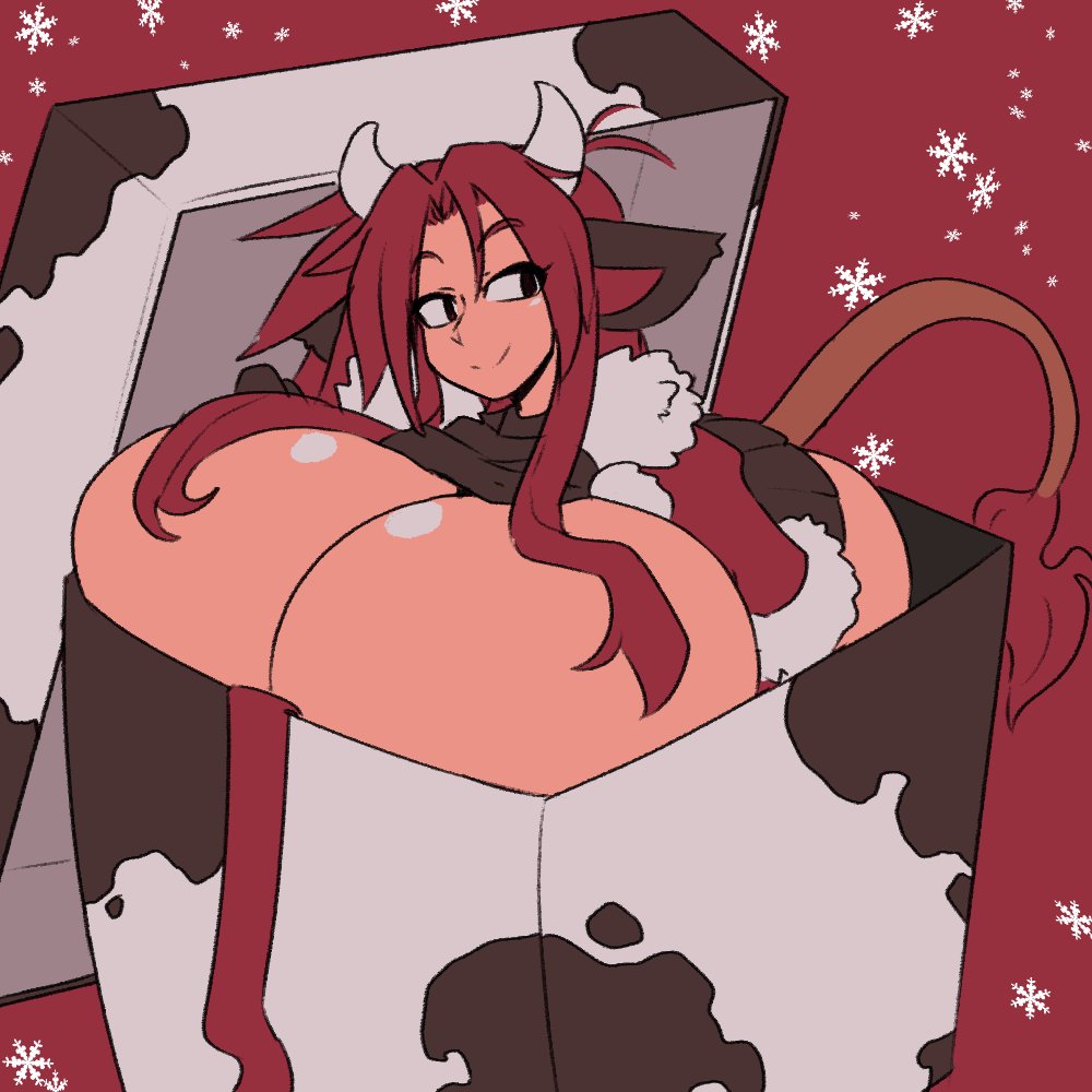 1girls 2019 animal_ears animal_tail big_breasts box breasts brown_hair cow_ears cow_girl cow_horns cow_print cow_tail female female_focus horns huge_breasts knj_ex large_breasts long_hair mattie_(matsu-sensei) snowflake solo solo_female solo_focus tail