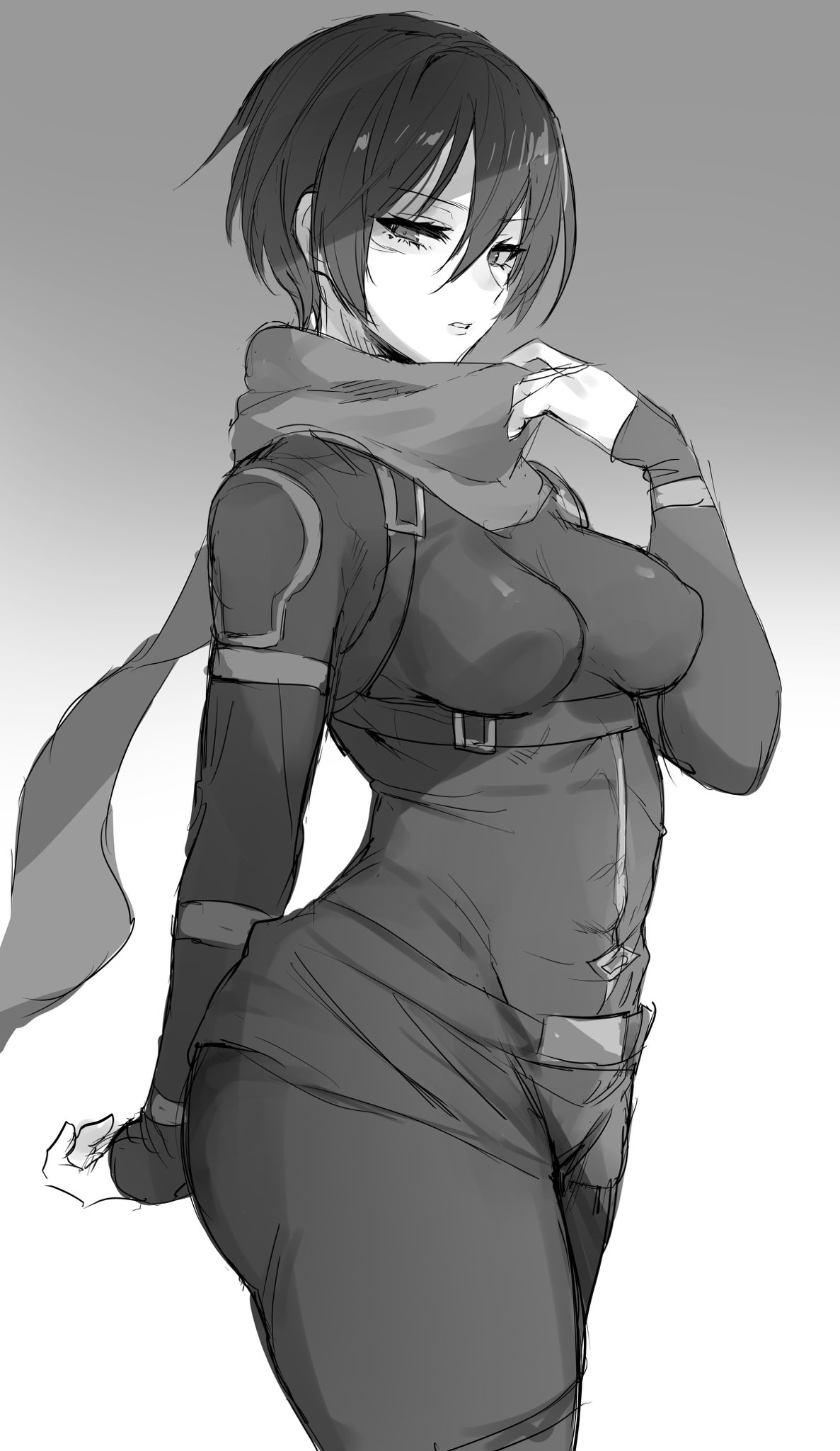 1girls, attack on titan, black hair, black outfit, curvaceous, female, female only, hair, looking at viewer, mikasa ackerman, scar, scarf, shingeki no kyojin, short hair, skin tight, solo, standing, suurin (ksyaro)