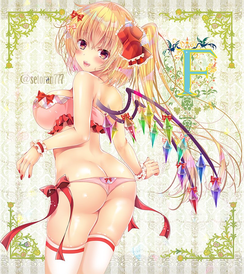 :d ass bare_shoulders blonde_hair blush bow bra breasts cowboy_shot eyebrows_visible_through_hair female female flandre_scarlet from_behind large_breasts looking_at_viewer looking_back nail_polish no_hat no_headwear open_mouth panties pekopokox red_bow red_eyes red_ribbon ribbon smile solo thighhighs touhou underwear underwear_only white_legwear wings wrist_cuff