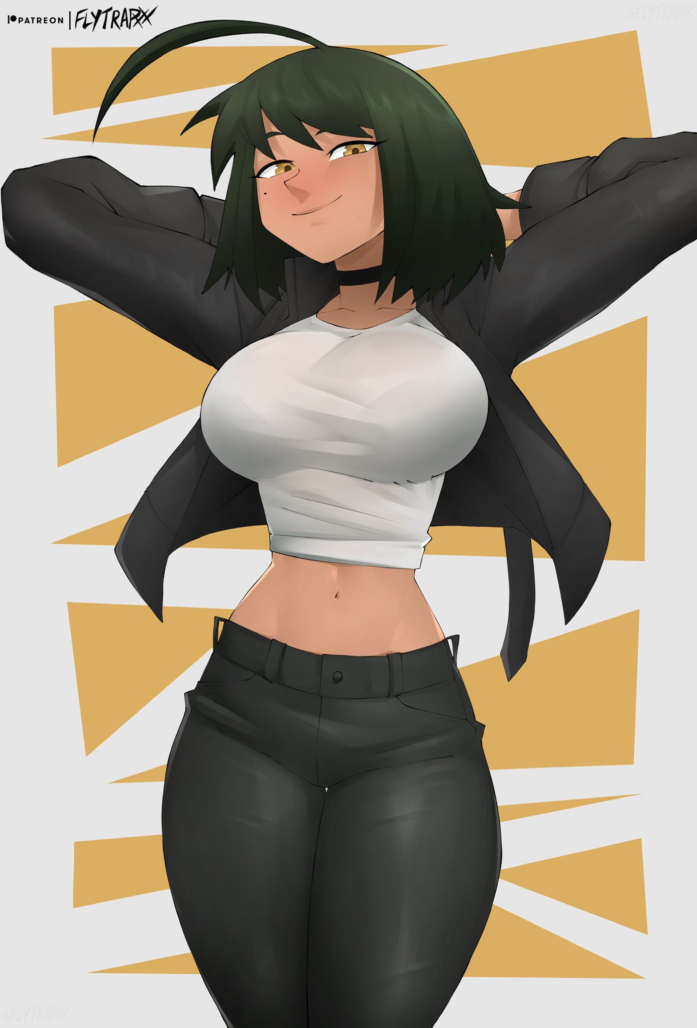 1girls, 2022, abdomen, breasts, choker, crop top, dark green hair, female, female only, flytrapxx, fully clothed, large breasts, leather, leather jacket, liz (flytrapxx), looking at viewer, mole under eye, original, original character, smile, solo, tummy, yellow eyes
