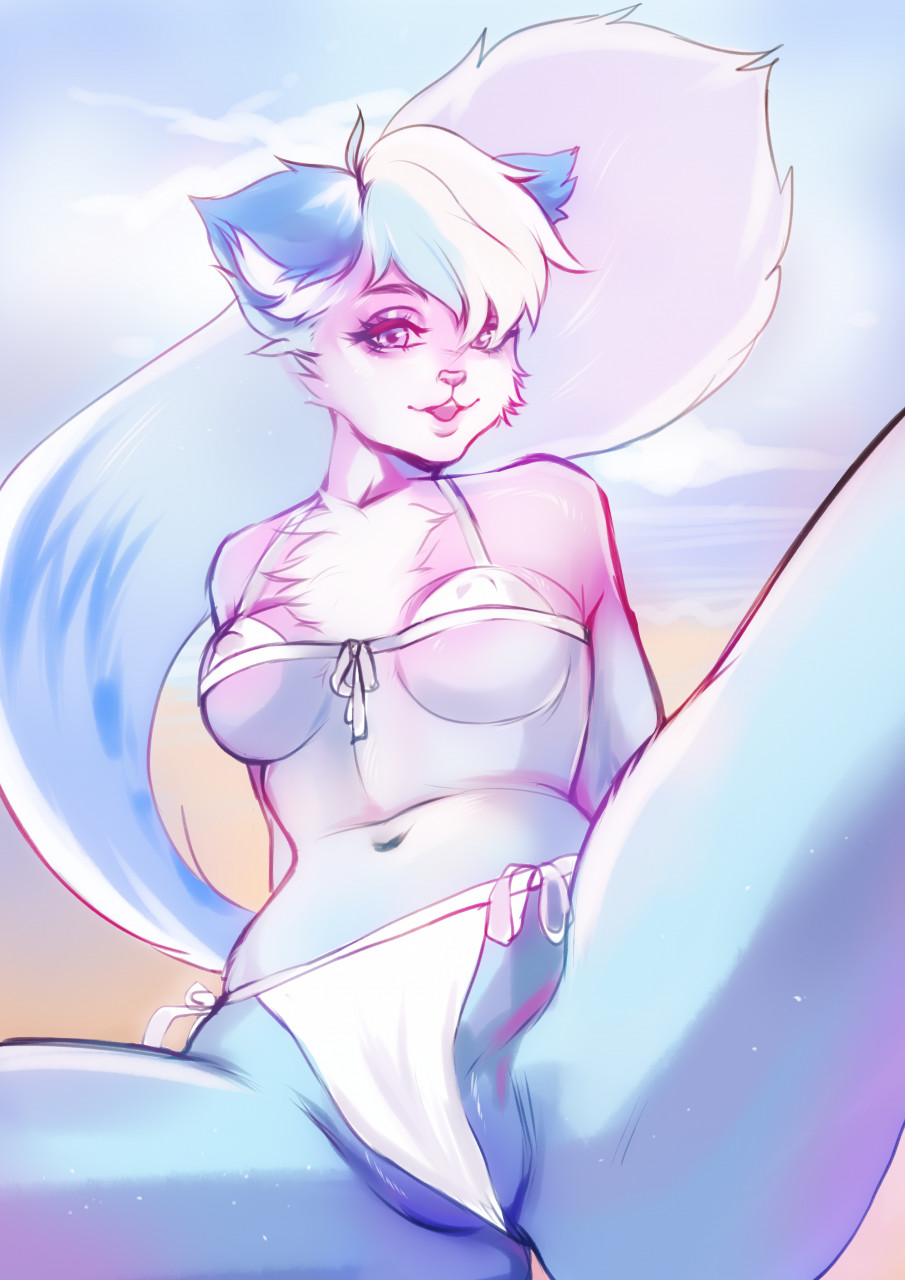 anthro bikini cameltoe clothing diana_(mavis_delcat) female fur hi_res lagomorph leporid looking_at_viewer mammal mila_horny multicolored_body multicolored_fur navel nipple_bulge open_mouth partially_visible_vulva pink_eyes pokies rabbit solo spread_legs spreading swimwear