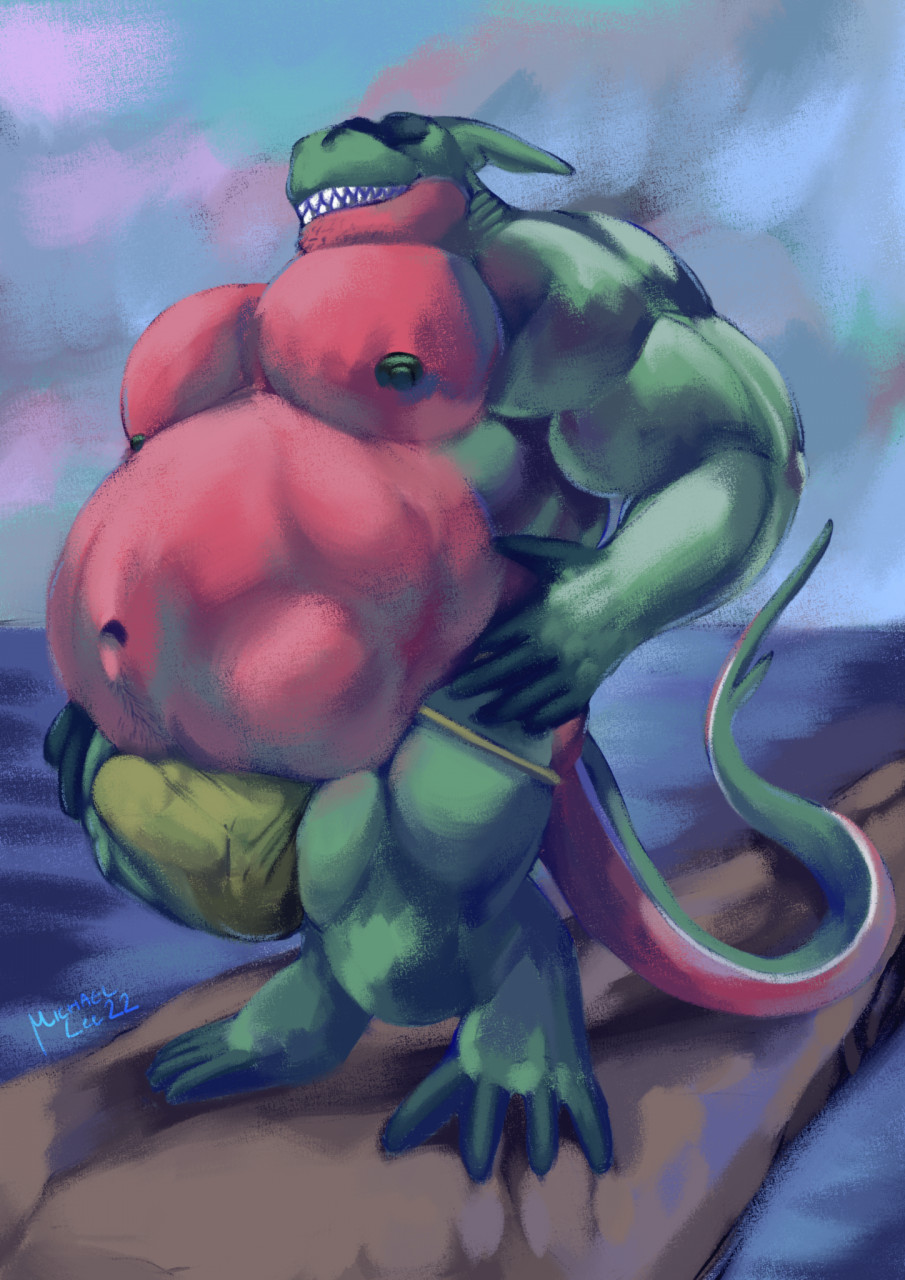 anthro belly bulge bulging_stomach clothing fish hi_res invalid_tag jockstrap lamniform male marine mikeowolee musclegut nipples shark solo thresher_shark underwear vore