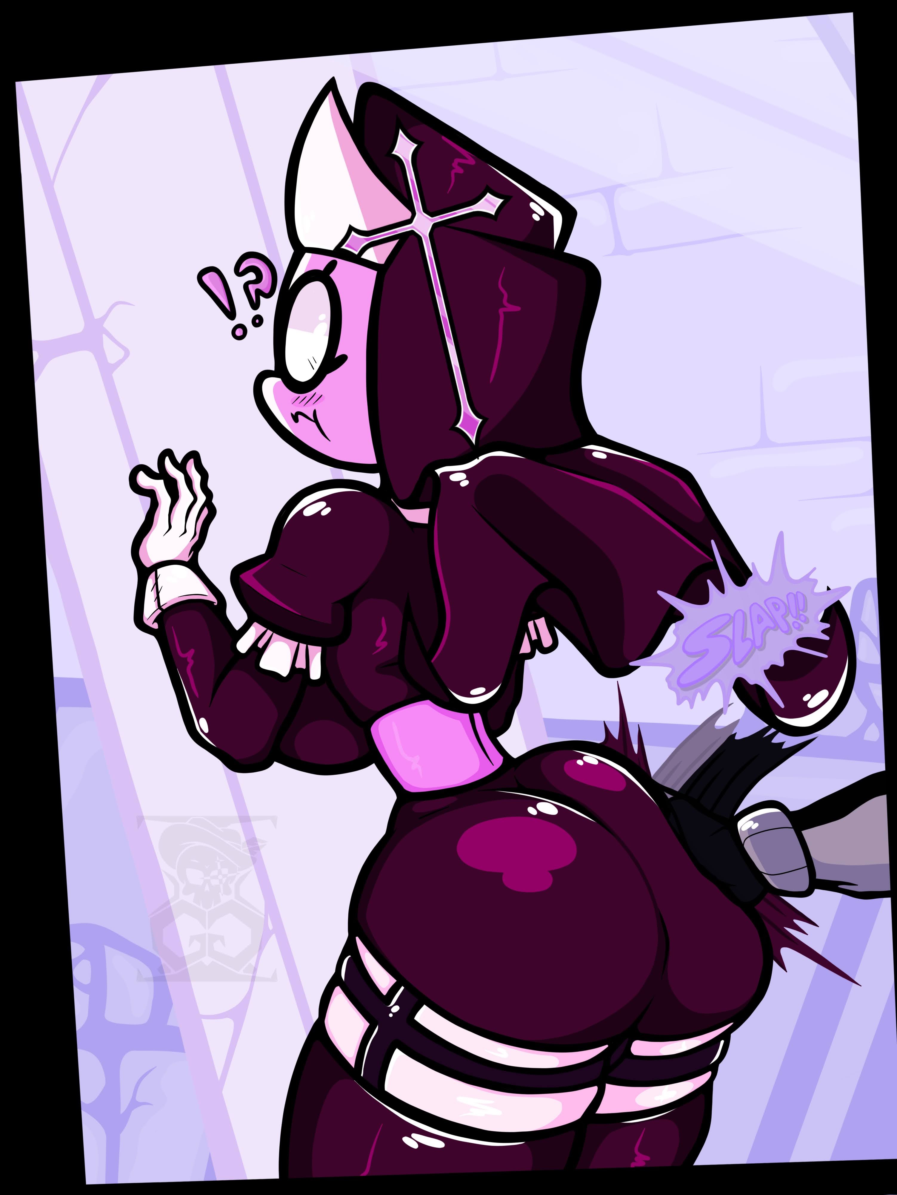 !?, ass, big ass, big breasts, breasts, bubble ass, bubble butt, clothed, female, female only, friday night funkin, gotig1231, narrow waist, nun, nun's habit, ruv (dokki.doodlez), sarvente (dokki.doodlez), sound effect, spanking, surprised