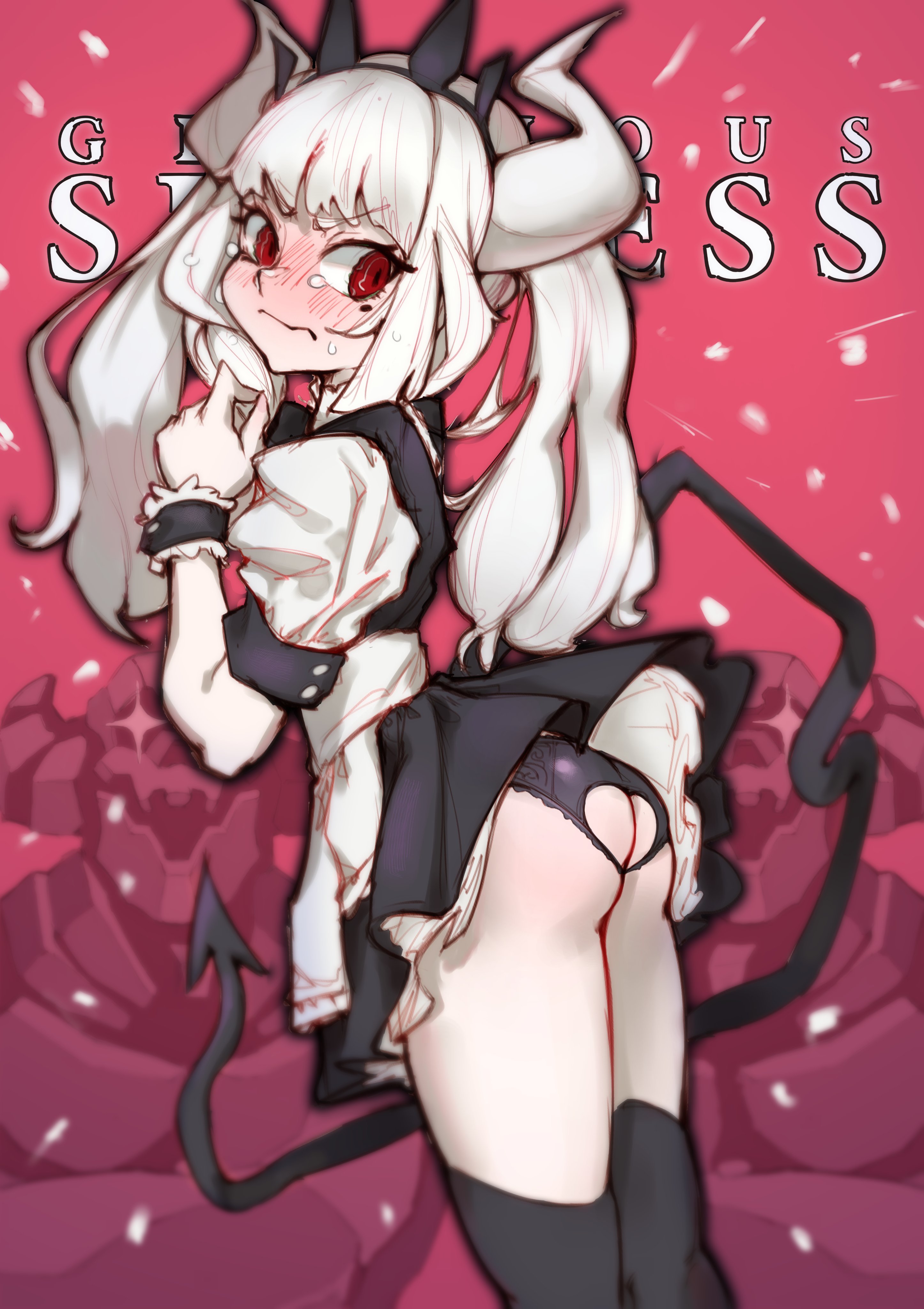 1girls, blush, demon, demon girl, demon horns, demon tail, embarrassed, female, heart cutout, helltaker, horns, long hair, lucifer (helltaker), maid, maid headdress, panties, penguru 086, red eyes, solo, tail, thighhighs, twintails, upskirt, white hair