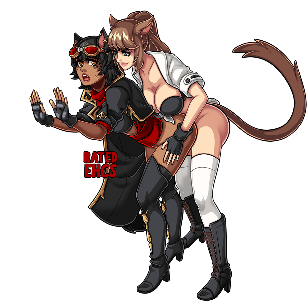 1futa 1girls animal_ears big_breasts black_hair blonde_hair bottomless breasts cat_ears catgirl clothed clothing dark-skinned_female dark_skin duo female final_fantasy final_fantasy_xiv futa_on_female futanari humanoid implied_futanari kemonomimi light-skinned_futanari light_skin long_hair miqo'te mostly_nude partially_clothed ratedehcs standing