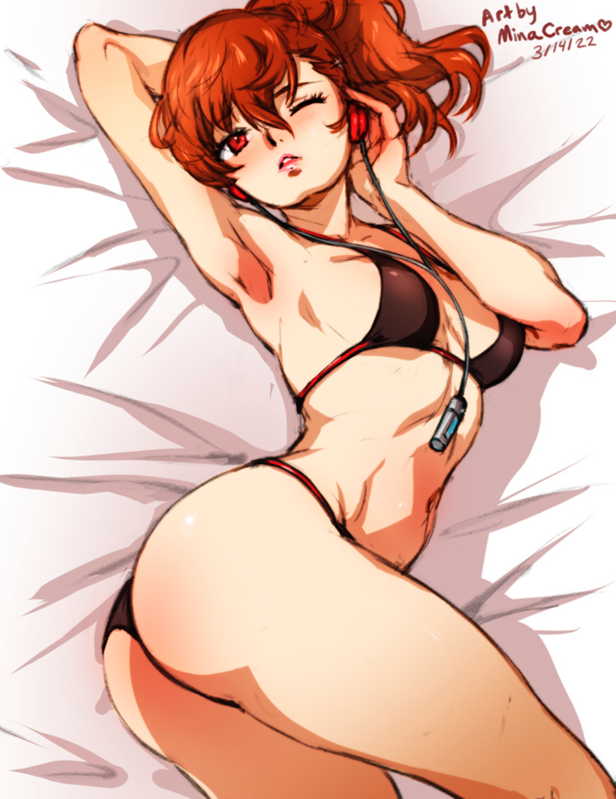 1girls, bikini, breasts, earphones, eye closed, female, female protagonist, female protagonist (persona 3), headphones, kotone shiomi, medium breasts, minacream, on bed, one eye closed, persona, persona 3, persona 3 portable, red eyes, solo, swimsuit