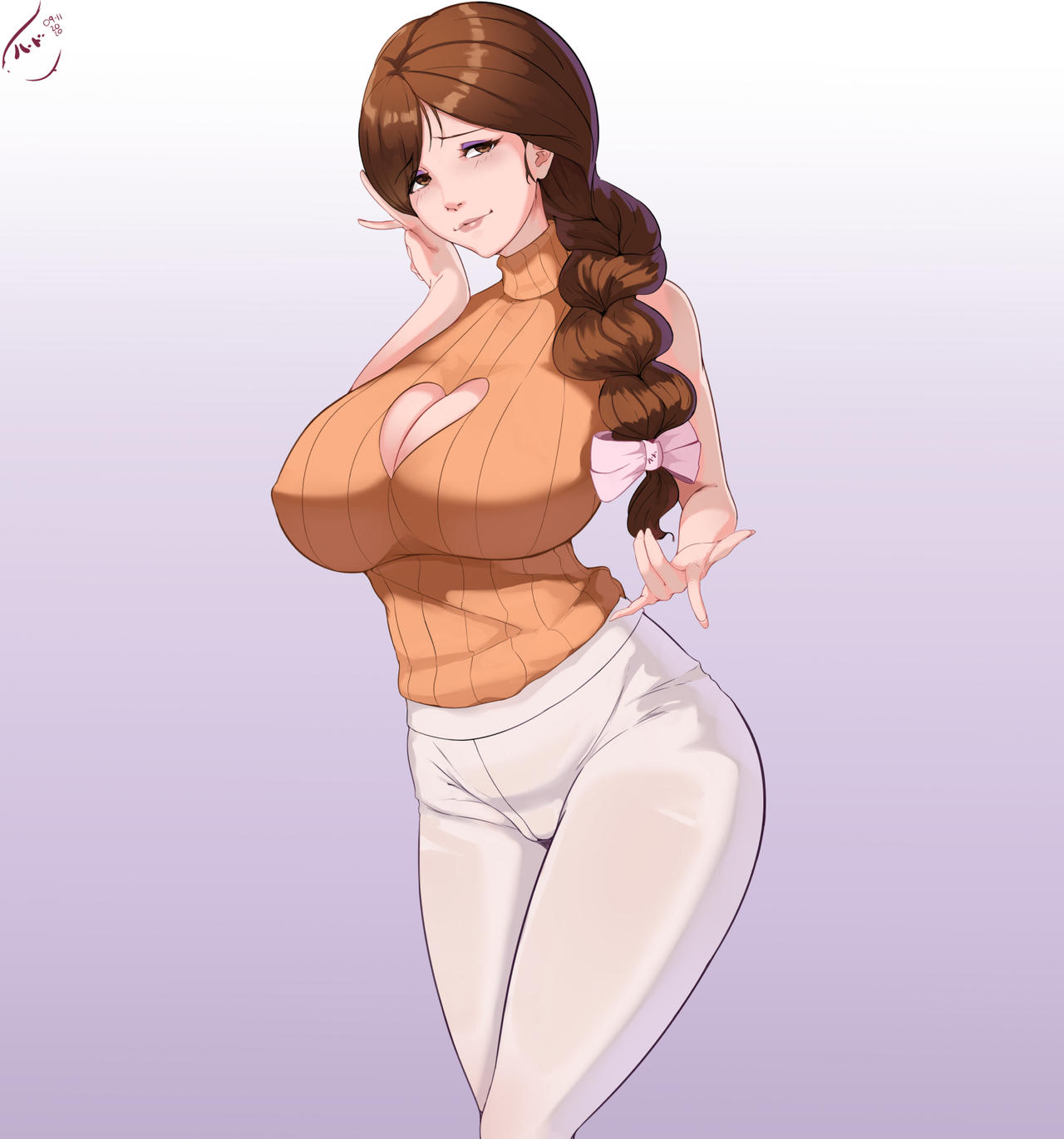 47_hard breasts brown_hair cameltoe hard47 leggings legwear light-skinned_female light_skin looking_at_viewer loving_gaze makeup mature mature_female milf original_character smiling_at_viewer thighs voluptuous white_legwear