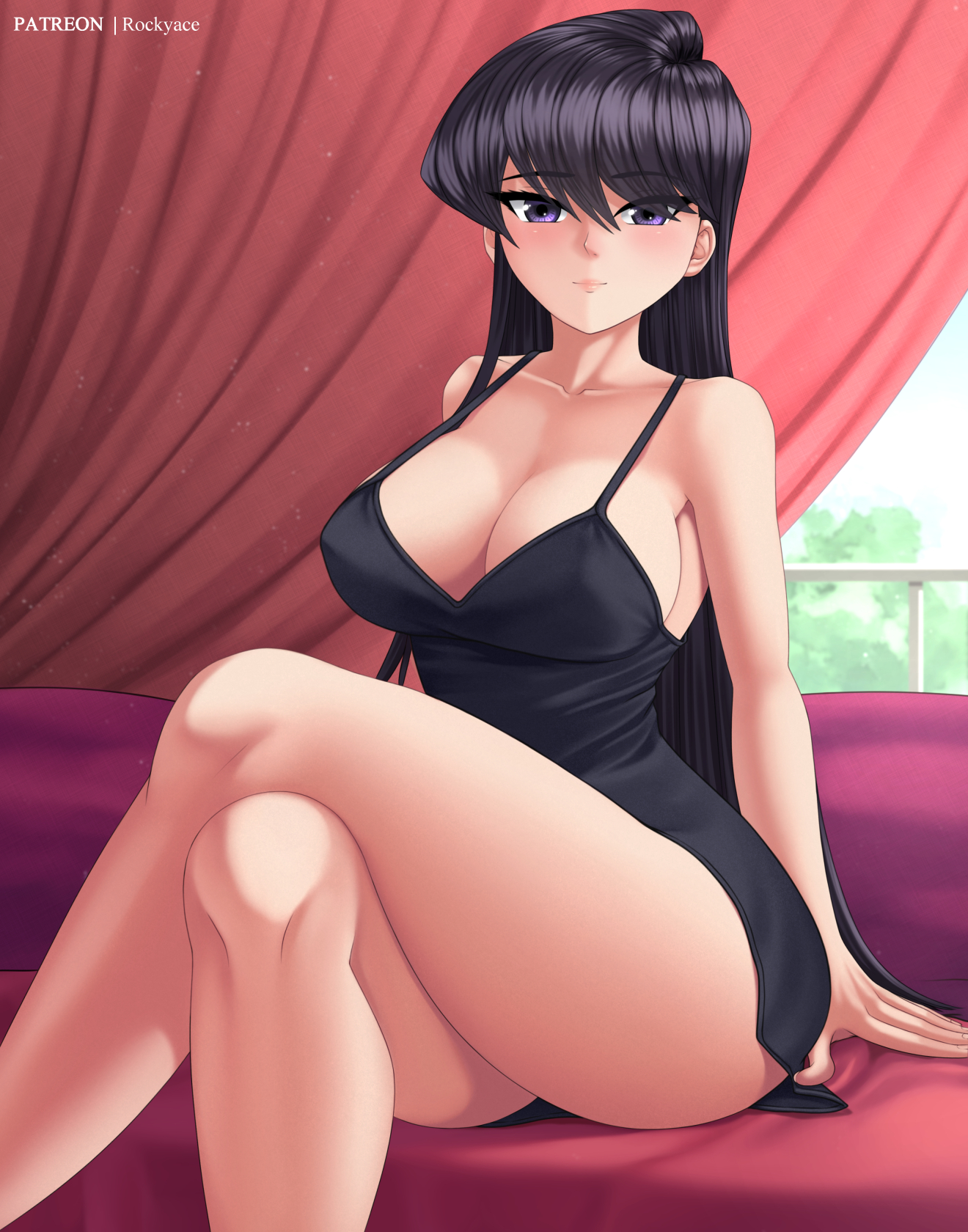 1girls, big breasts, black hair, breasts, eye contact, female, female focus, female only, komi shouko, komi-san wa komyushou desu, long hair, looking at viewer, purple eyes, rocky-ace, sitting, solo, thick thighs, thighs
