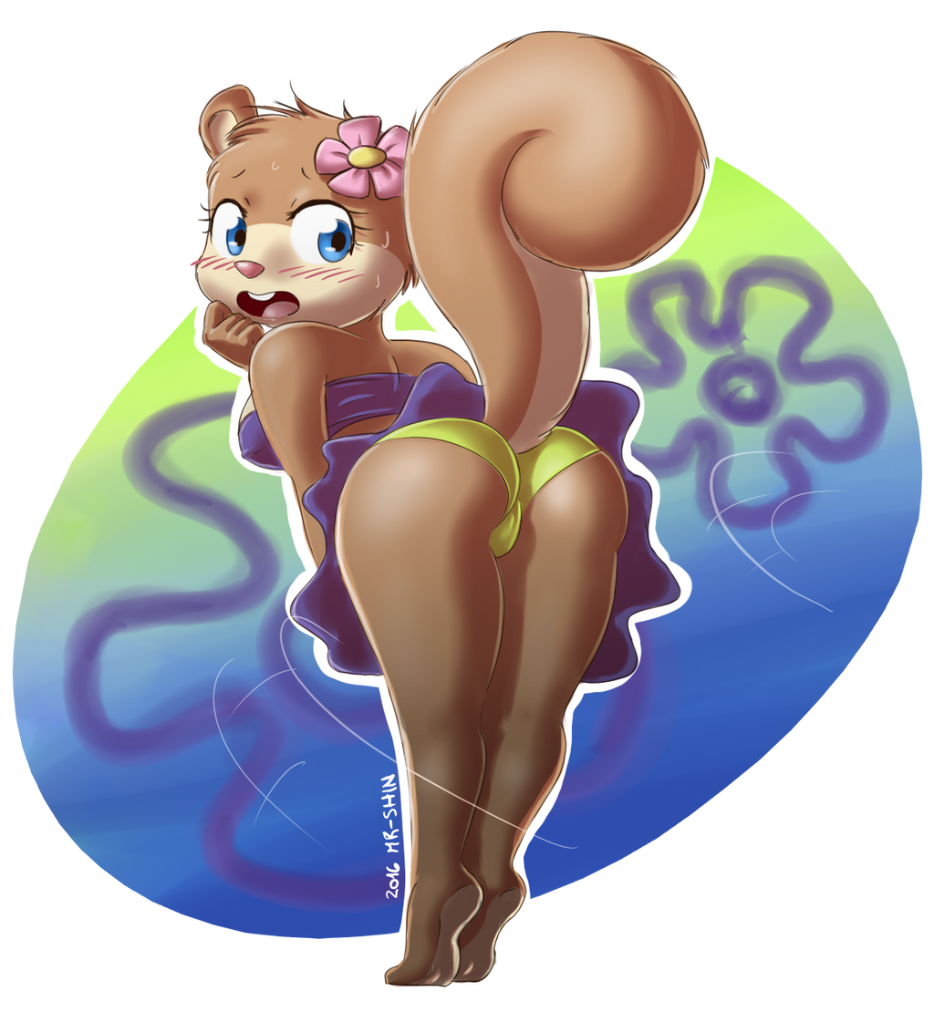 anthro ass ass_focus barefoot big_ass bikini blush brown_fur embarrassed flower_in_hair furry looking_back mr-shin nipple_bulge sandy_cheeks spongebob_squarepants squirrel thick_thighs tight_clothing transparent_background wind