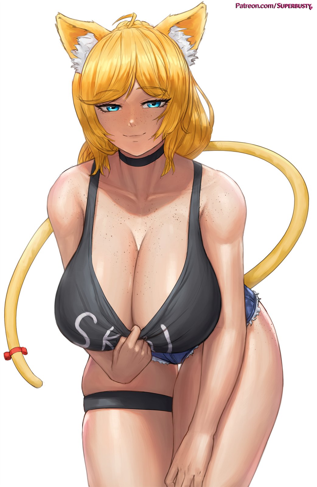 animal_ears bedroom_eyes blonde_hair blue_eyes booty_shorts breasts cat_ears cat_tail catgirl choker cleavage cleavage_pull felid felid_humanoid feline feline_humanoid freckles freckles_on_arms freckles_on_ass freckles_on_breasts freckles_on_chest freckles_on_face freckles_on_legs freckles_on_thighs huge_breasts large_breasts leaning_forward light-skinned_female light_skin nekomimi shiny_skin shirt_pull skindentation smug smug_face superbusty tank_top tank_top_lift tease teasing teasing_viewer thick_thighs thighs thighs_together thor_chan virtual_youtuber vrchat