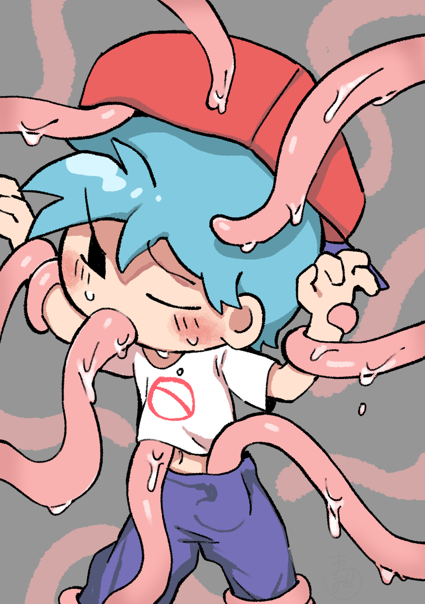 backwards_baseball_cap blue_hair blush boyfriend_(friday_night_funkin) closed_eyes clothed_rape clothed_sex cute dripping error999 friday_night_funkin gooey holding_legs male_only rape sweat tentacle tentacle_background tentacle_in_mouth tentacle_rape tentacle_sex tentacle_under_clothes trapped_in_clothing