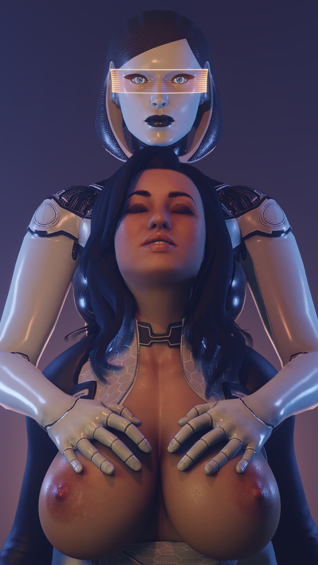 2girls 3d athletic athletic_female big_breasts bioware breasts closed_eyes edi electronic_arts female female_only human humanoid keister3d large_breasts light-skinned_female mass_effect mass_effect_3 miranda_lawson orange-tinted_eyewear robot robot_girl tinted_eyewear visor yuri