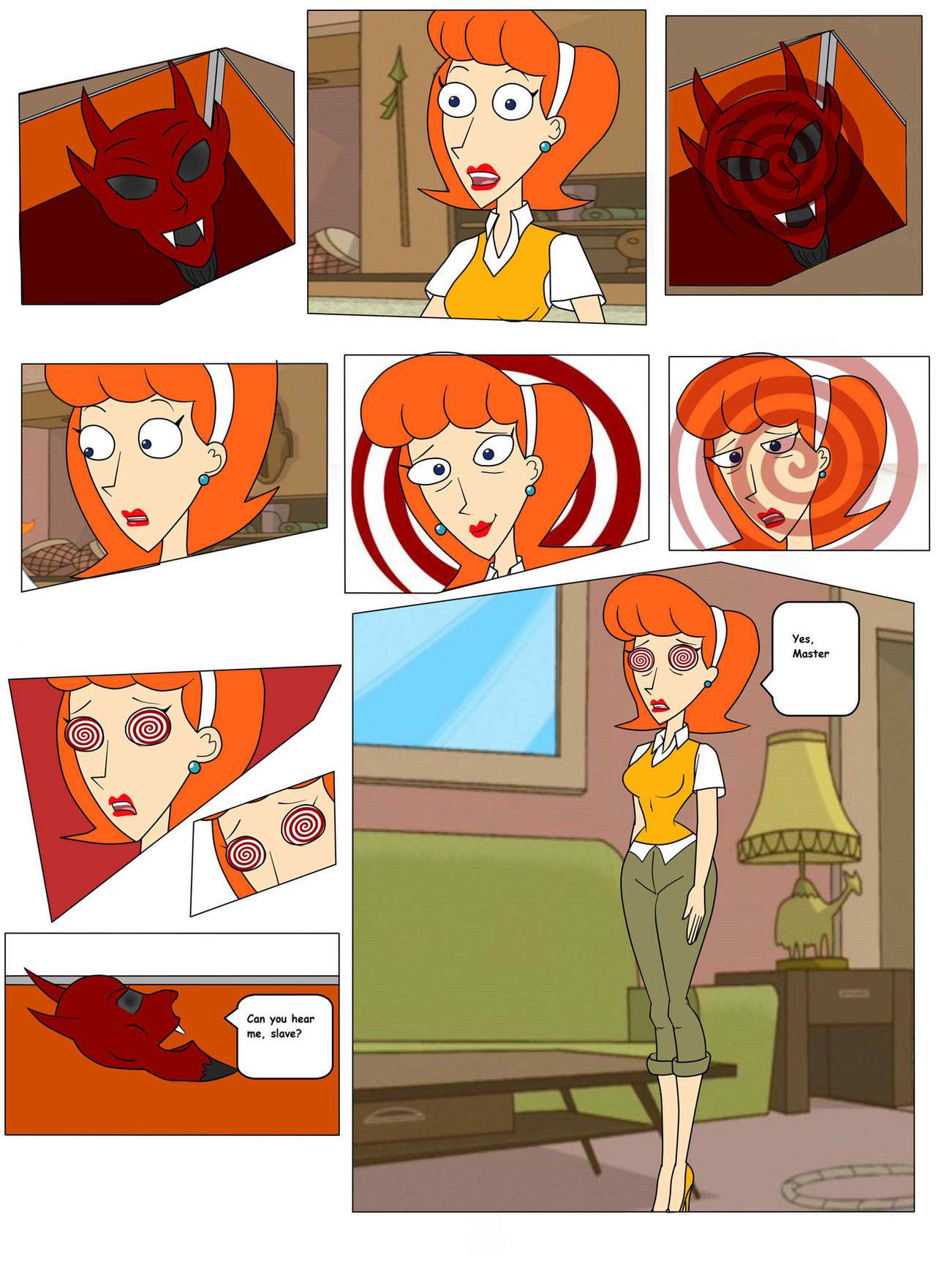 1girls blue_eyes carlosfco clothed comic demon devil disney disney_channel english_text female hypnosis linda_flynn-fletcher mind_control phineas_and_ferb red_hair speech_bubble