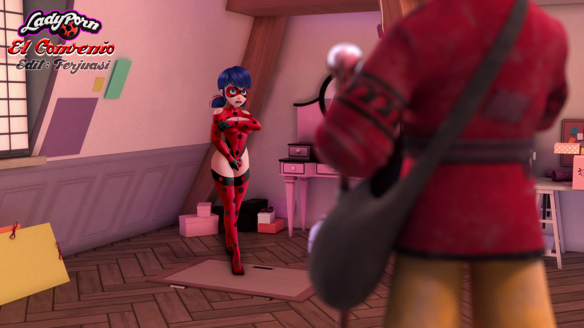 1boy, 1girls, 3d, alternate costume, boob window, breasts, edit, embarrassed, female, ferjuasi, grandmaster su-han, ladybug (character), leotard, male, marinette dupain-cheng, miraculous ladybug, thigh boots, thigh highs, thighhighs