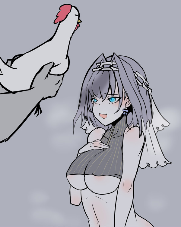blue eyes, breasts, chicken, dark blue hair, female, hand on breast, hololive, hololive english, hololive english -council-, hololive english -promise-, large breasts, moral cacoethes, mostly nude, ouro kronii, underboob, virtual youtuber
