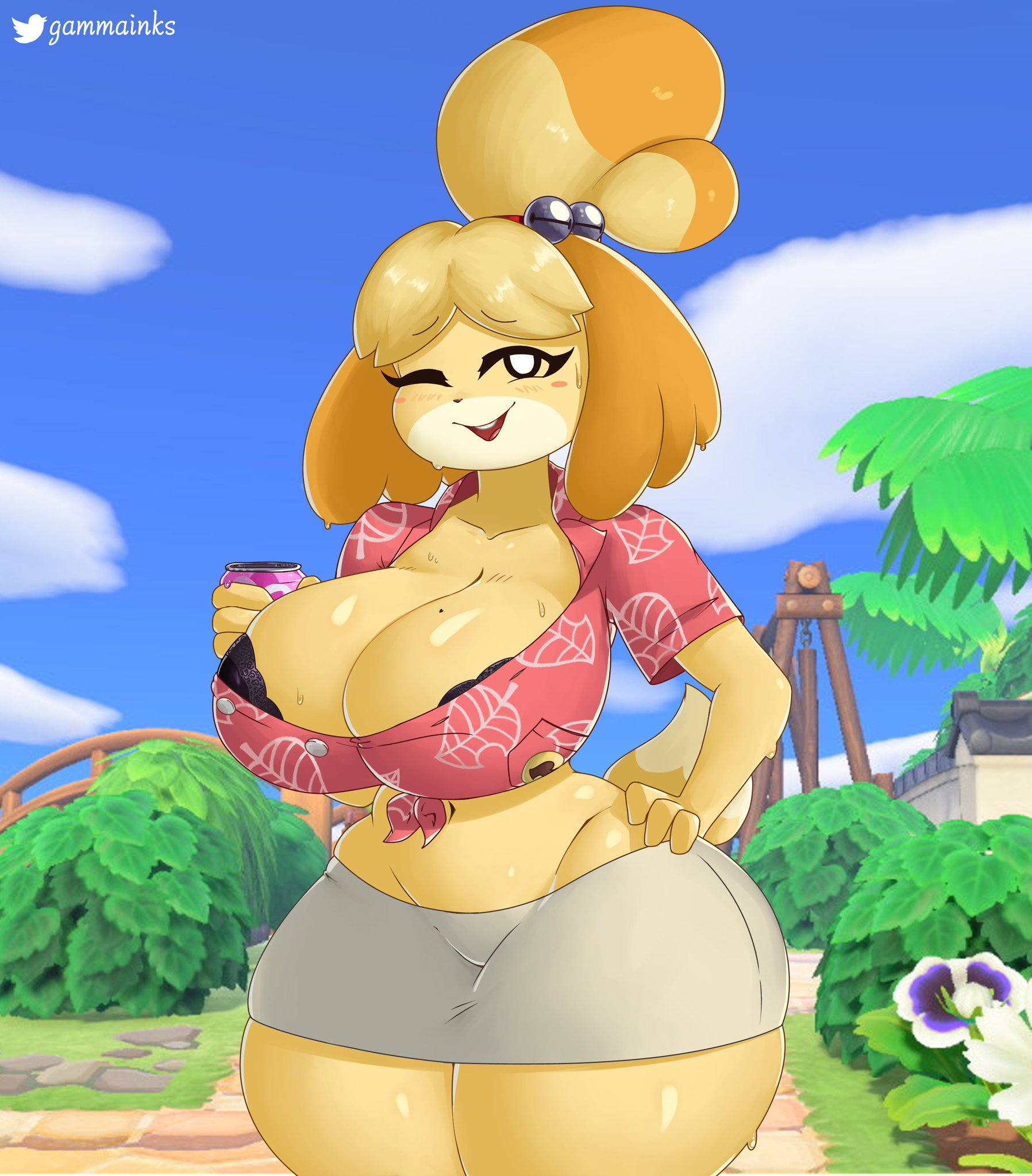 2022, animal crossing, anthro, big breasts, breasts, canid, canine, canis, chubby, cleavage, clothed, clothing, female, fur, furry, furry only, gammainks, hi res, huge breasts, isabelle (animal crossing), large breasts, mob face, nintendo, one eye closed, solo, tagme, tail, thick thighs, thunder thighs, wide hips