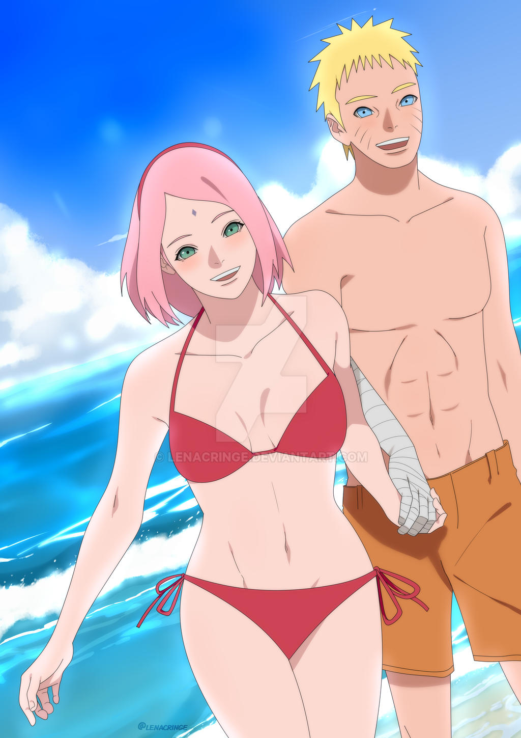 1boy 1girls bandage bandaged_arm beach bikini bikini_bottom bikini_top blonde_hair blue_eyes blush bob_cut boruto:_naruto_next_generations cleavage clothed clothed_female clothed_male clothes clothing couple duo duo_focus facial_markings female forehead_jewel fully_clothed hairband hi_res holding_hands lenacringe light-skinned_female light-skinned_male light_skin male mature mature_female medium_hair milf naruto naruto_(series) ocean open_mouth petite pink_hair red_bikini red_swimsuit romantic romantic_ambiance sakura_haruno short_hair shorts shoulder_length_hair shounen_jump small_breasts smile smiling straight swimsuit uzumaki_naruto watermark whisker_markings wholesome