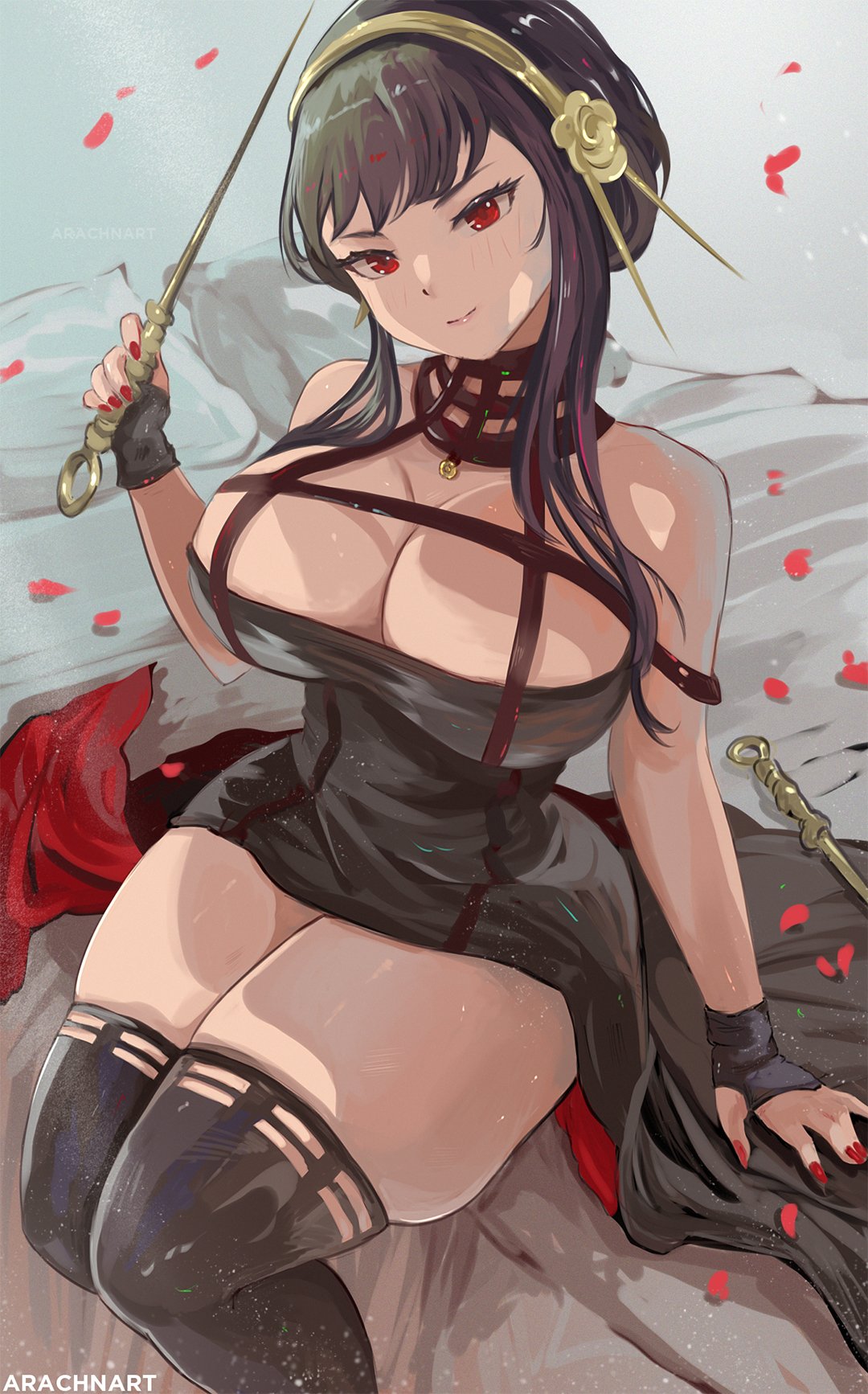 1girls 2022 arachnart assassin black_hair breasts clothed clothed_female cloverworks female female_only hips holding_object huge_breasts looking_at_viewer medium_hair red_eyes shounen_jump shounen_jump+ skindentation slim_waist spy_x_family stiletto_(weapon) thick_thighs thighs thorn_princess wide_hips wit_studio yor_briar