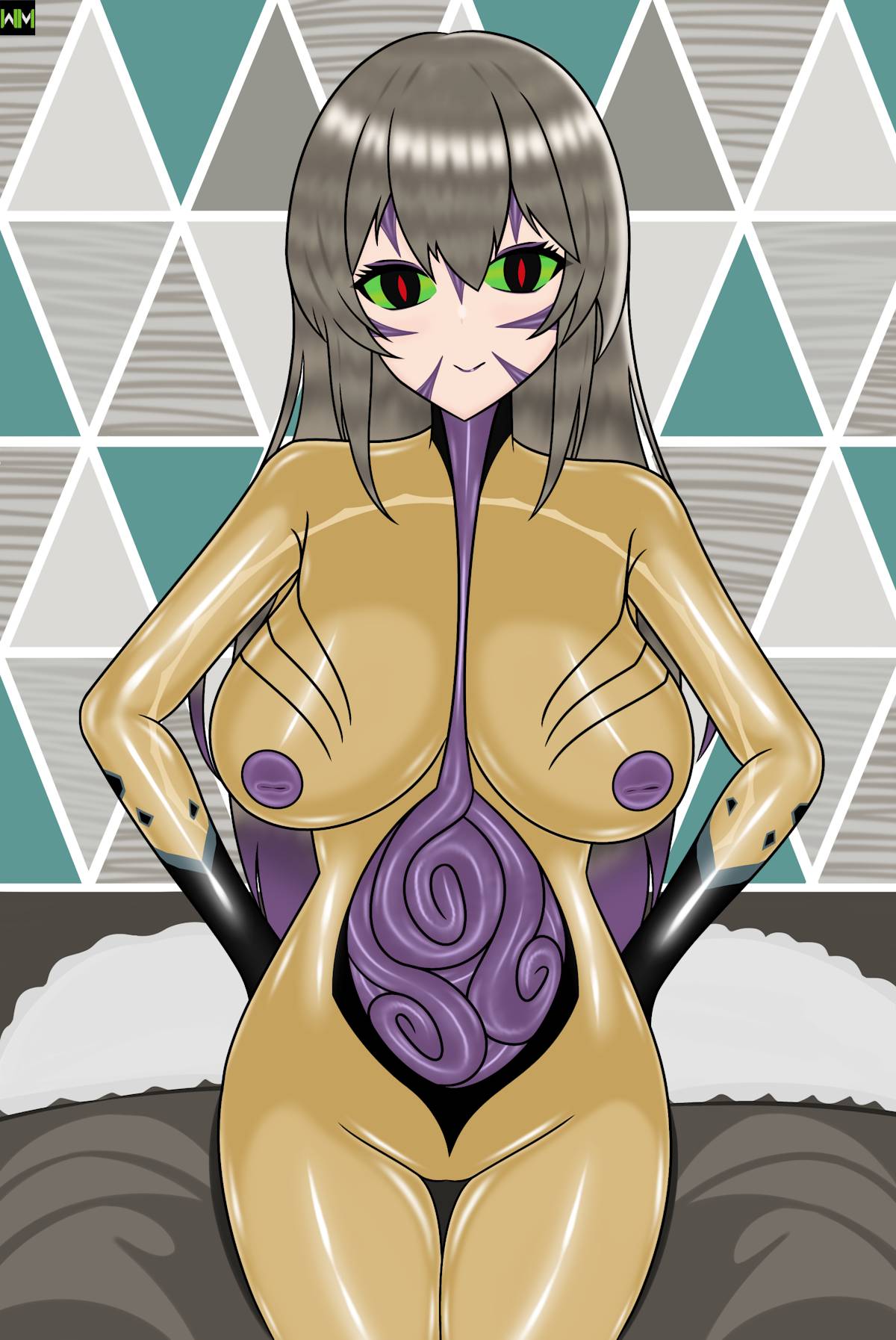 bedroom ben_10 ben_10_alien_force big_breasts dnalien face_markings female girls'_frontline green_sclera purple_nipples tentacle ump40_(girls_frontline) walter_montana xenocite yellow_body