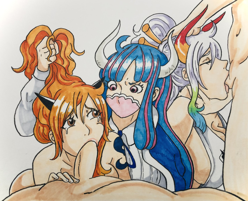 2boys, 3girls, absurdres, beast pirates, beast pirates (cosplay), blue hair, blue-haired female, breasts, cleavage, crying, deepthroat, fellatio, female, female focus, forced, forced oral, highres, huge breasts, large breasts, long hair, male, multiple boys, multiple females, multiple girls, multiple males, nami (one piece), one piece, oral, orange hair, orange-haired female, post-timeskip, s0 underrated, sex, sideboob, tears, two-tone hair, ulti (one piece), unseen male face, white hair, white-haired female, yamato (one piece)