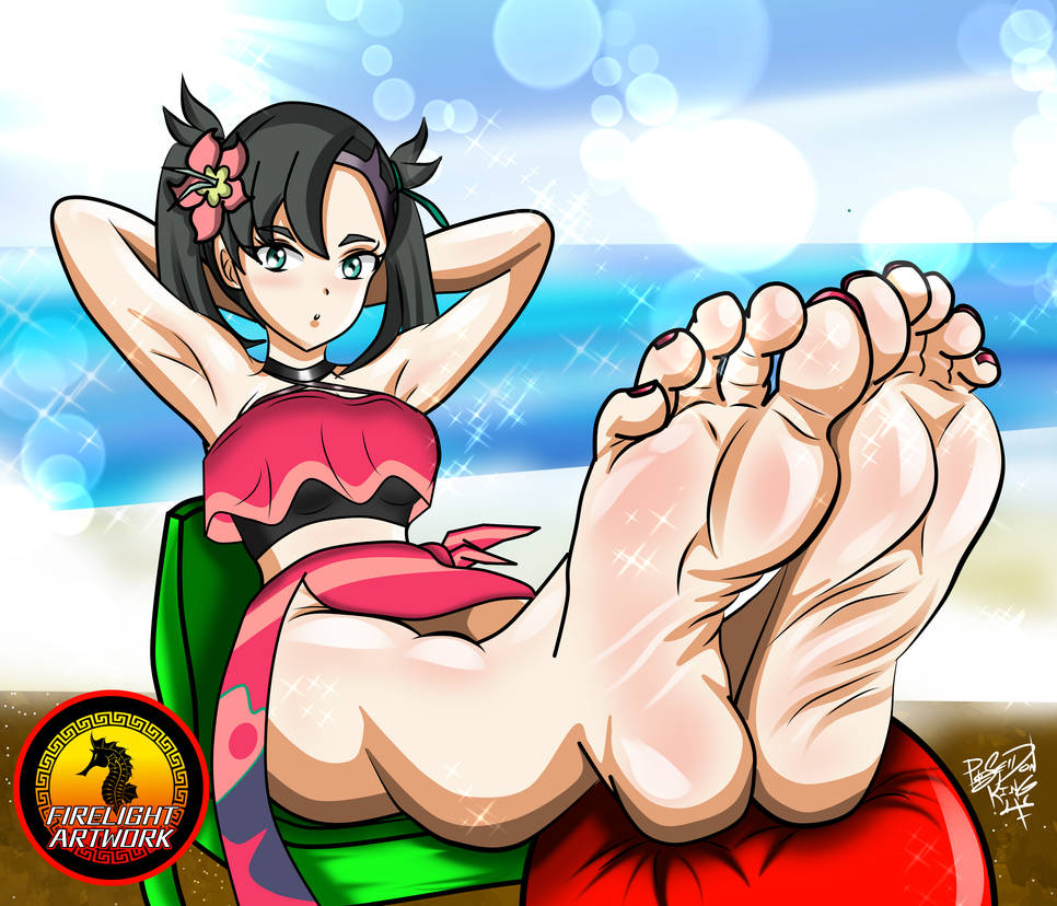 1girls beach black_hair feet firelight_artwork foot_fetish foot_focus green_eyes marnie_(pokemon) pokemon pokemon_masters pokemon_ss soles summer_marnie_(pokemon_masters) toenail_polish toes