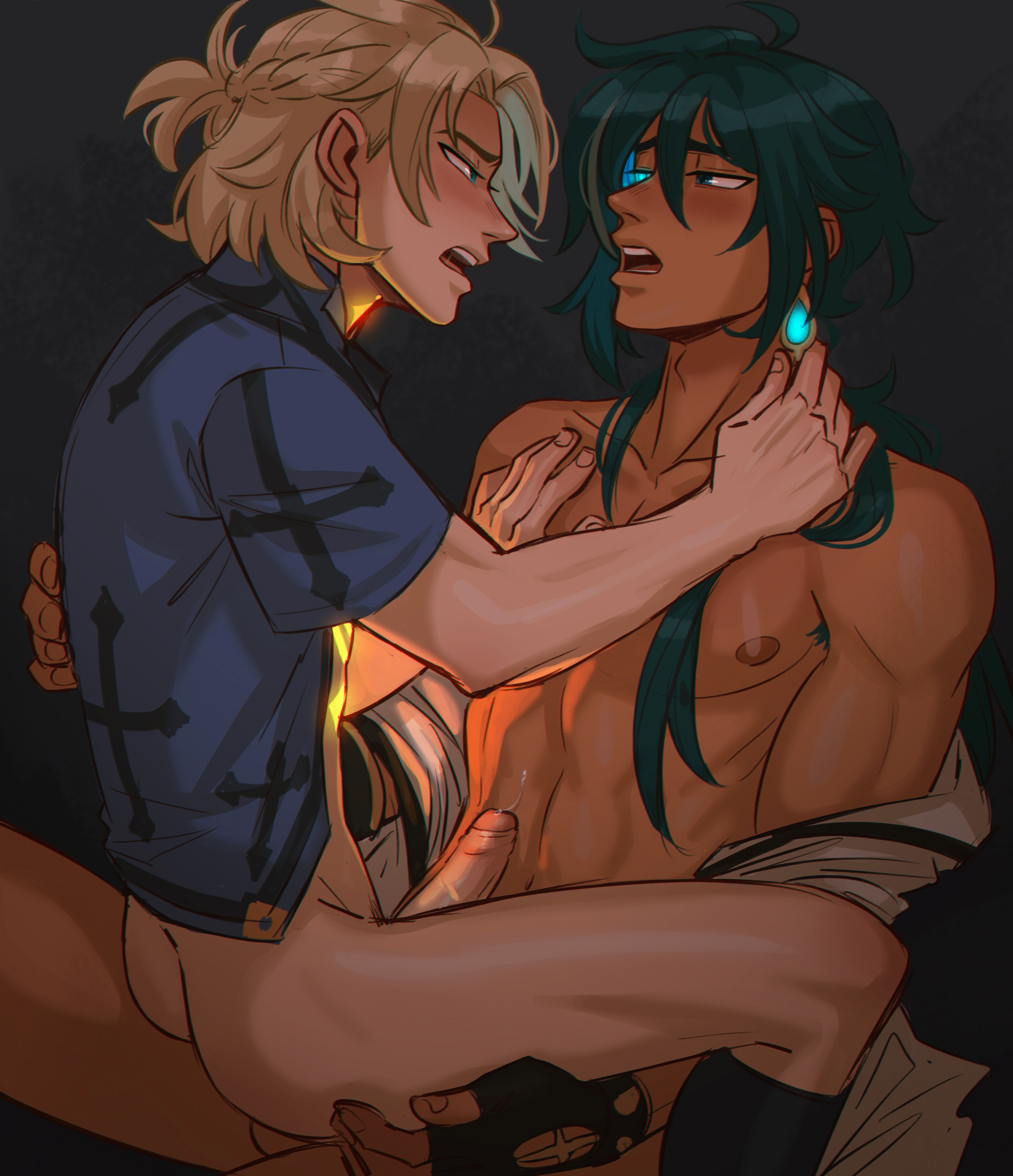 2boys, albedo (genshin impact), anal, anal sex, blonde hair, blue hair, braided hair, dark skin, dark-skinned male, earring, gay, genshin impact, kaeya (genshin impact), light skin, light-skinned male, male, male only, shirt, sombre slahc, yaoi