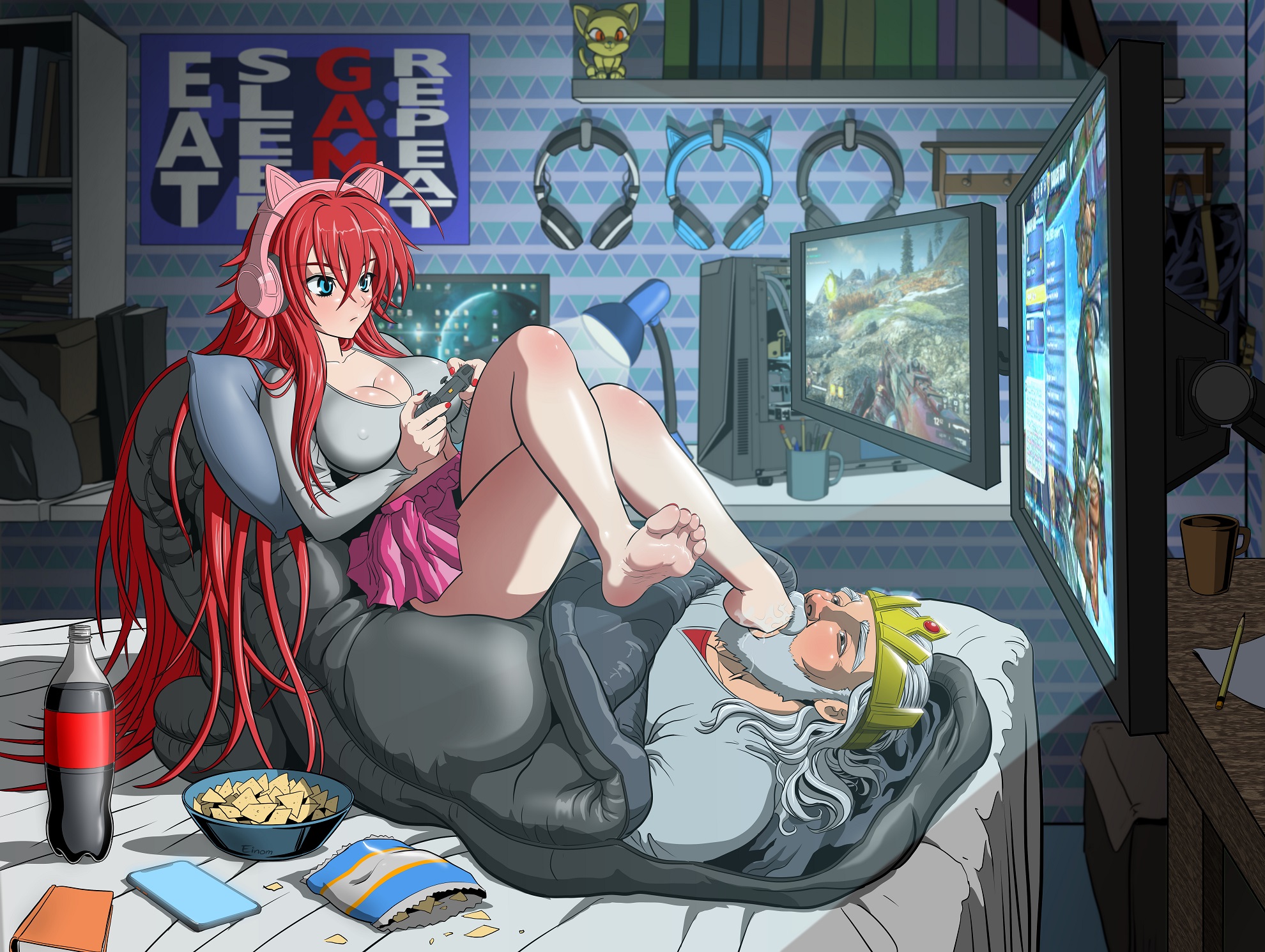 commission, demon, demon girl, feet, female, female only, foot fetish, foot gagging, foot worship, gaming, gaming controller, high school dxd, red hair, rias gremory, soles, toes