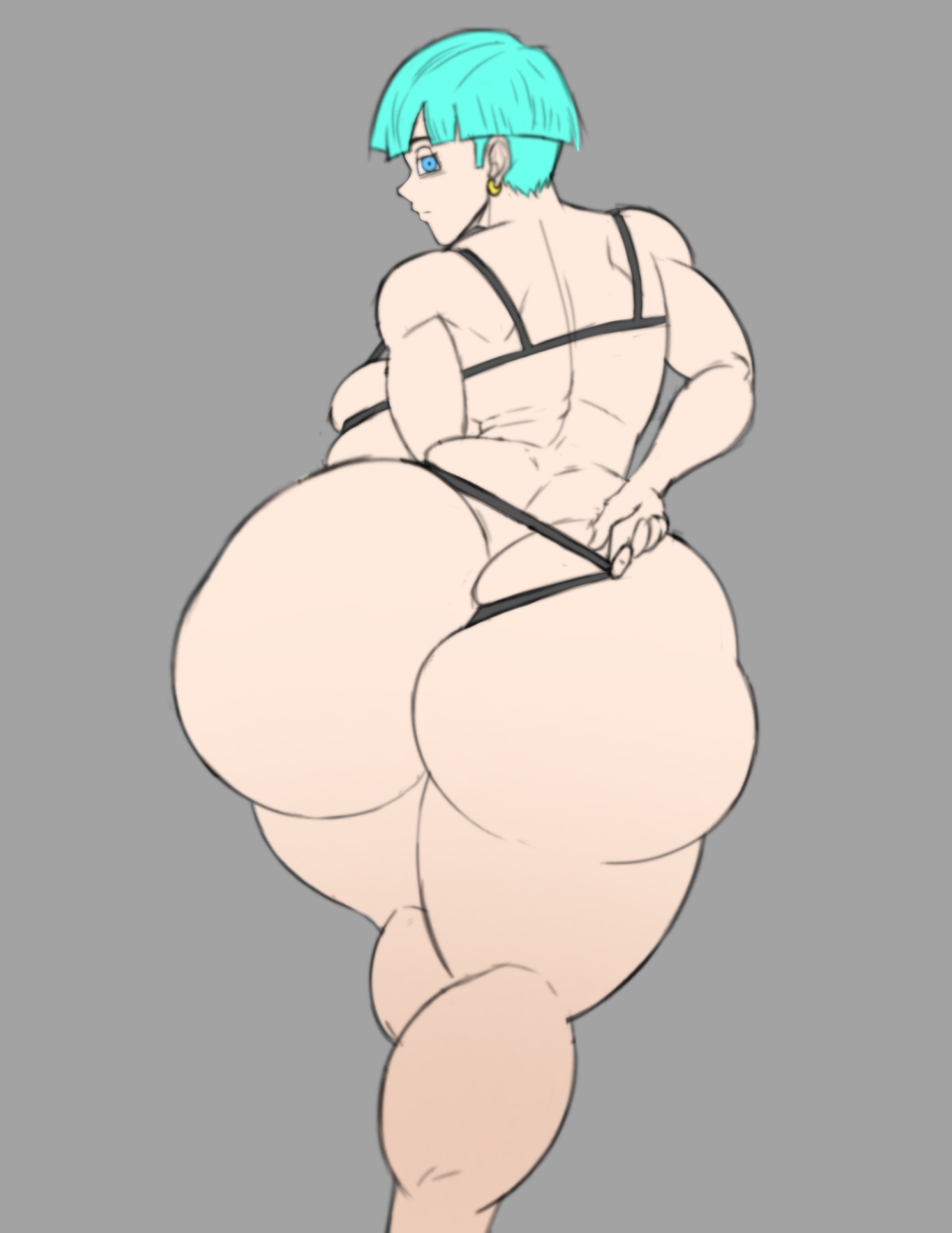 ass, big ass, big breasts, big butt, blue eyes, blue hair, breasts, bulma briefs, dragon ball, dragon ball super, dragon ball z, female, hashimiro takahi, looking back, tagme, tanga, white body, white skin