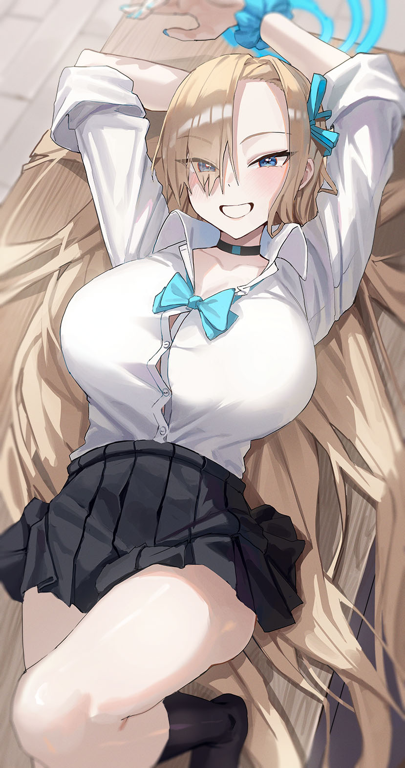 1girls, asuna (blue archive), big breasts, black skirt, black socks, blonde female, blonde hair, blue archive, blue eyes, breasts, clothed, clothed female, collar, female, female focus, female only, happy, happy female, kustaru1, light skin, light-skinned female, looking at viewer, millennium science school student, school uniform, schoolgirl, skirt, smile, smiling, smiling at viewer, socks, solo, solo female, solo focus, thick thighs, thighs, white shirt