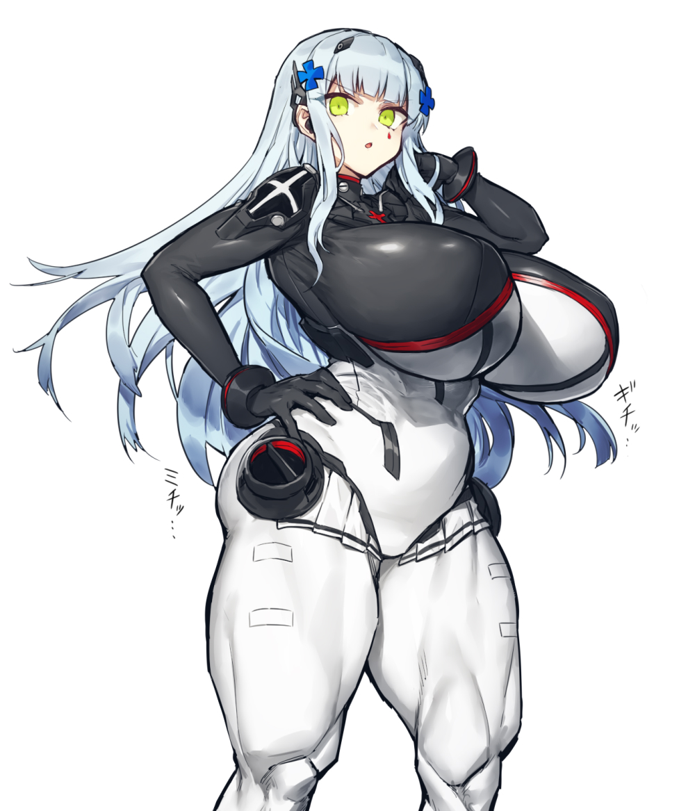 alternate breast size, alternate costume, big breasts, blue hair, bodysuit, breasts, curvy, female, girls' frontline, green eyes, hair ornament, hand on hip, hk416 (girls' frontline), huge breasts, light skin, light-skinned female, long hair, looking at viewer, mature female, melon22, muscular, muscular female, muscular thighs, nipple bulge, pale skin, pale-skinned female, thick thighs